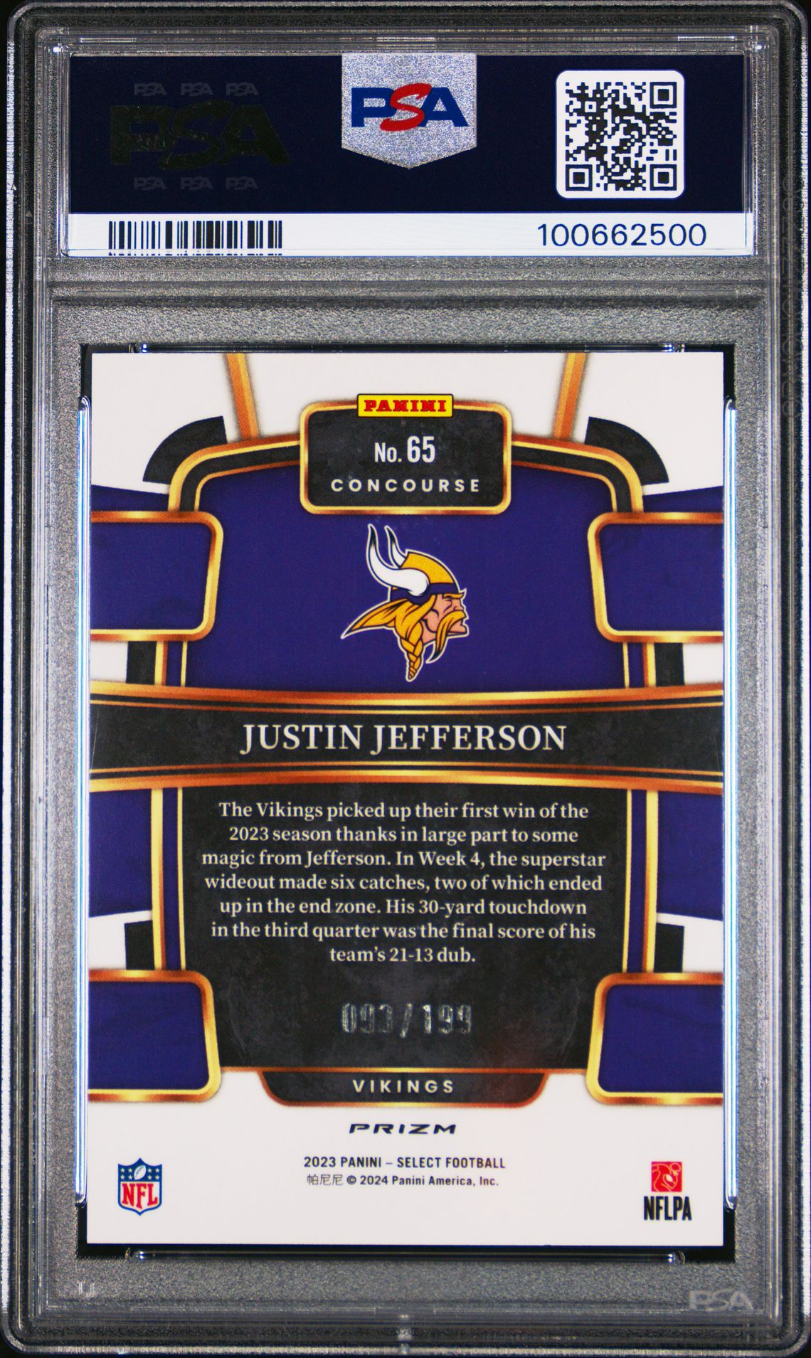 2023 Panini Select Justin Jefferson #65 (Blue Prizm) Gem Mt 10 back