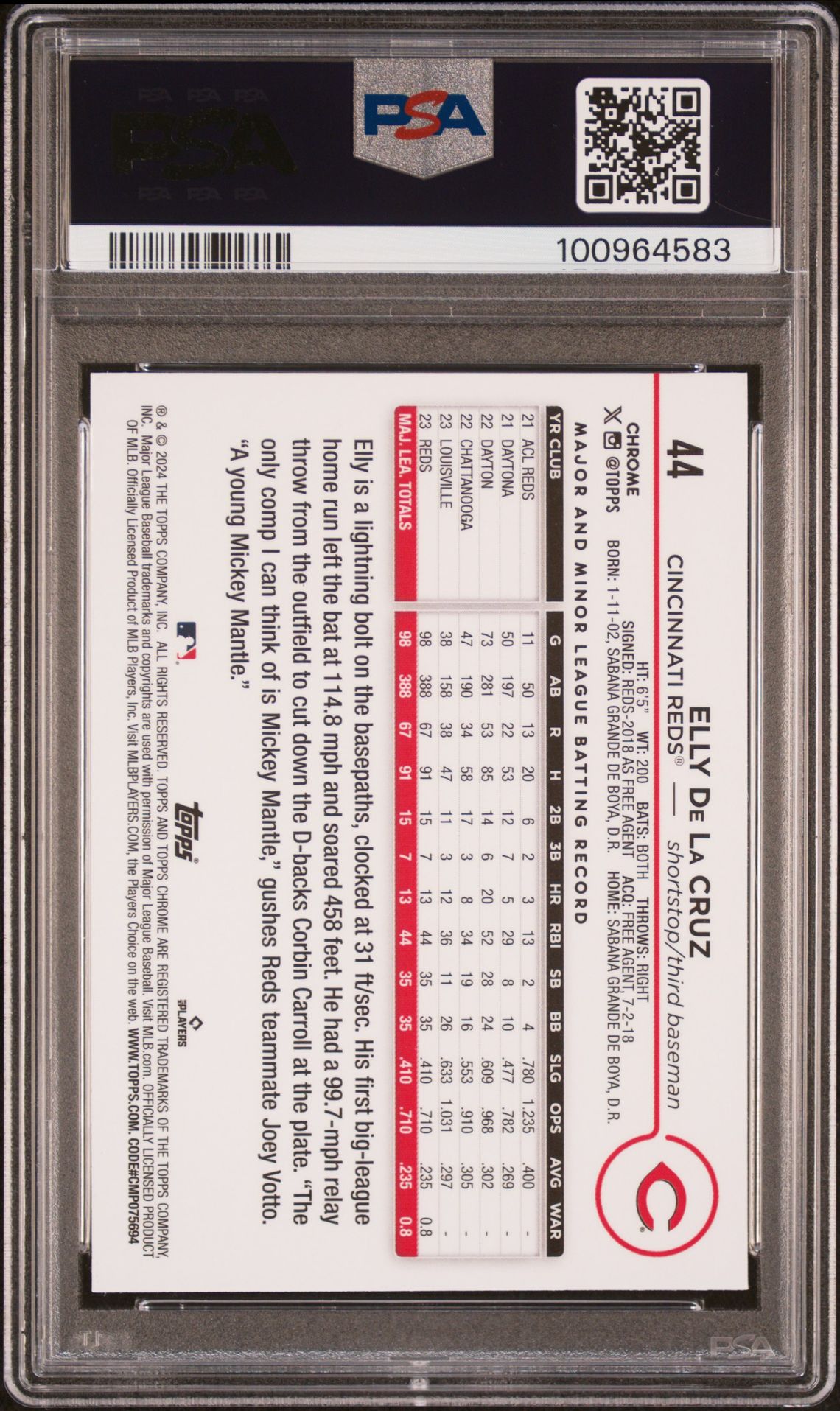 2024 Topps Chrome Elly De La Cruz #44 Gem Mt 10 back