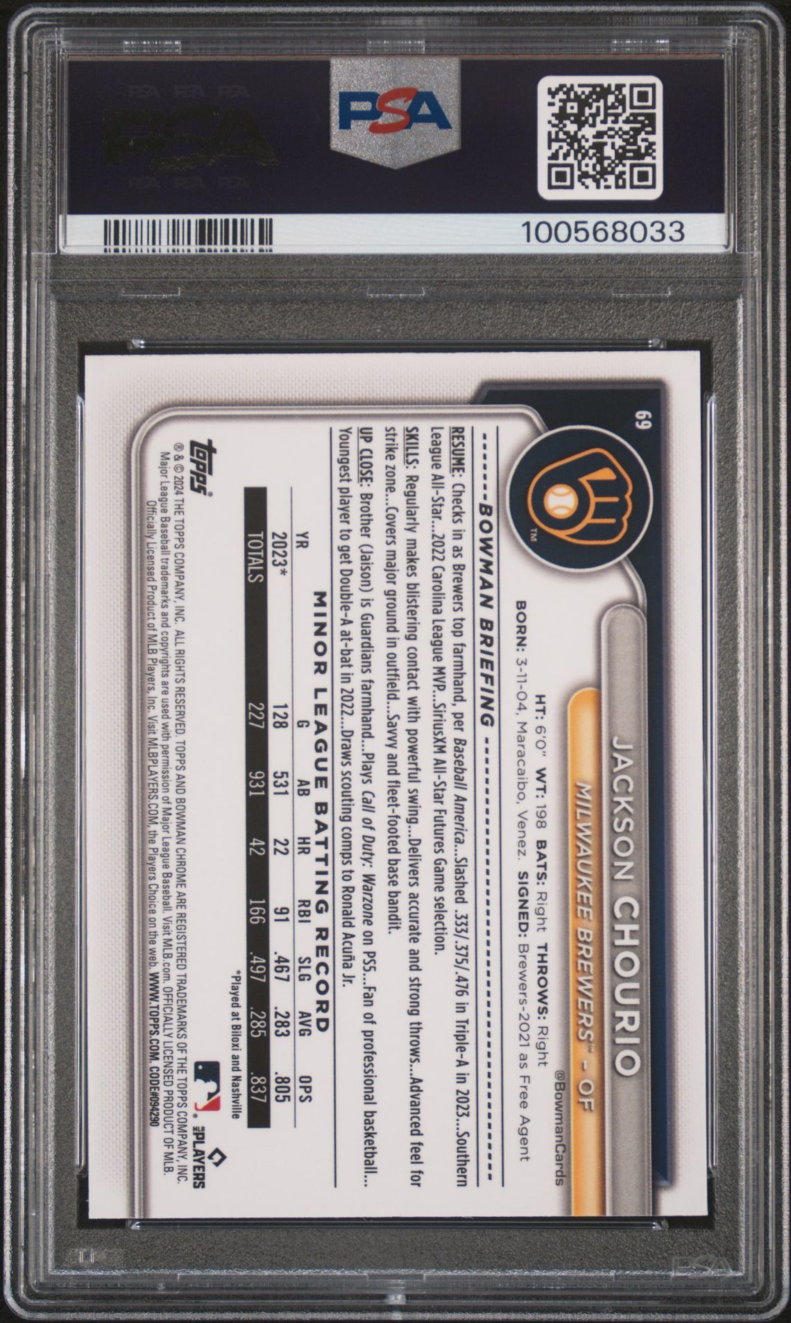 2024 Bowman Chrome Mega Box Jackson Chourio #69 Mint 9 back