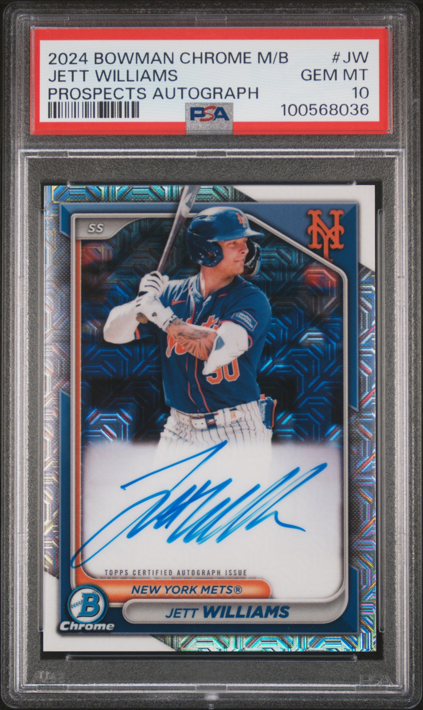 2024 Bowman Mega Box Chrome Bowman Prospect Mega Autographs Jett Williams #Jw (Prospects Autograph) Gem Mt 10 front