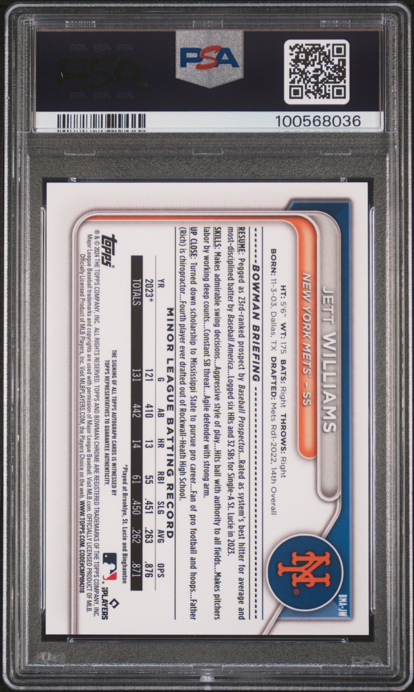 2024 Bowman Mega Box Chrome Bowman Prospect Mega Autographs Jett Williams #Jw (Prospects Autograph) Gem Mt 10 back