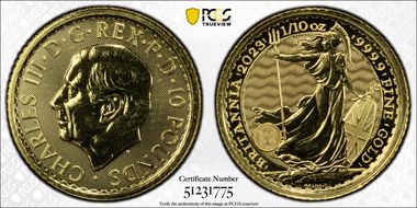 2023 £10 Britannia Au Charles III Effigy MS69