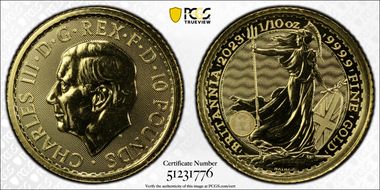 2023 £10 Britannia Au Charles III Effigy MS68