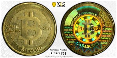 2011 1 BTC Casascius Bitcoin, Brass MS65
