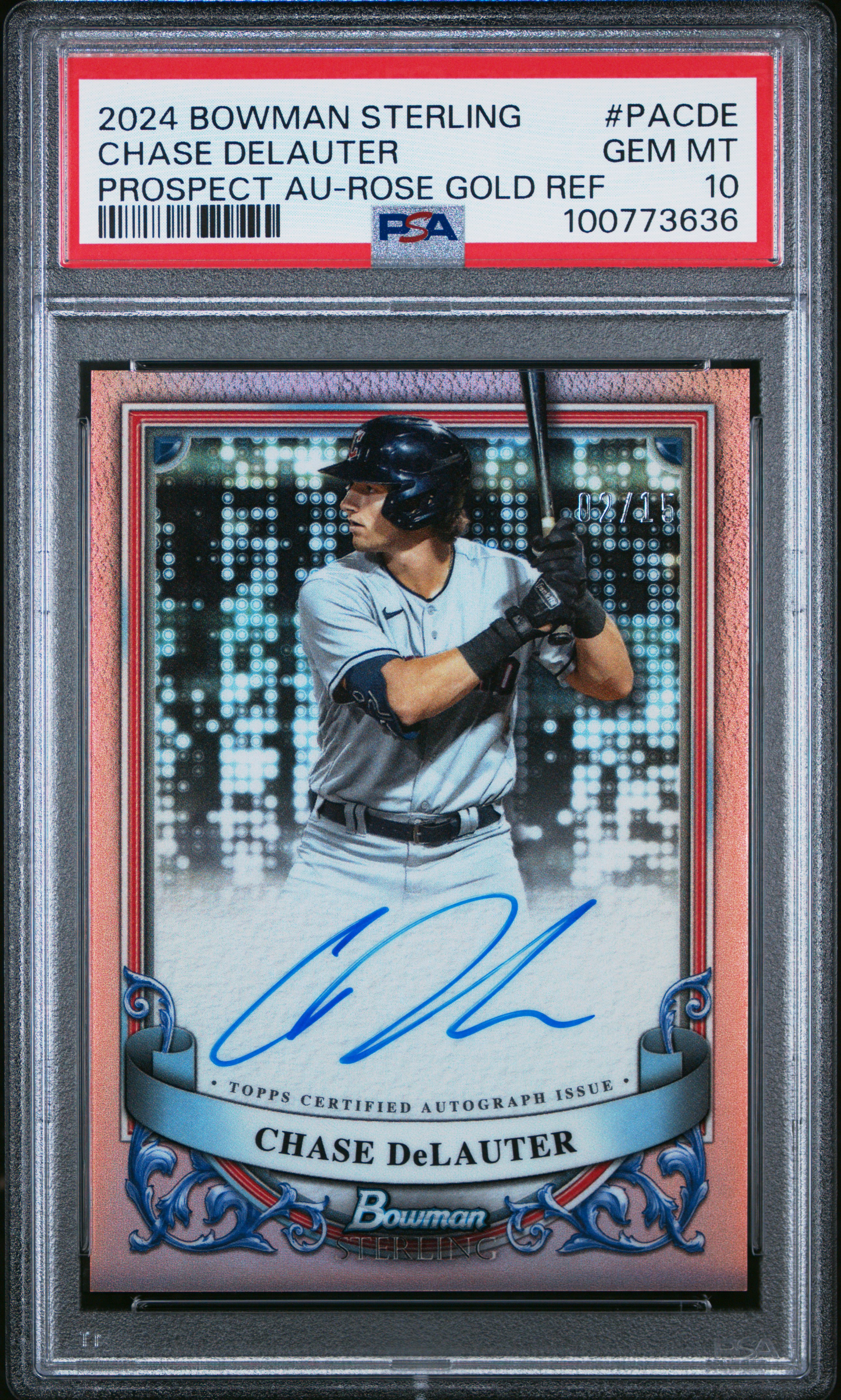 2024 Bowman Sterling Prospect Autographs Chase Delauter Rose Gold Refractor /15 #PACDE PSA 10