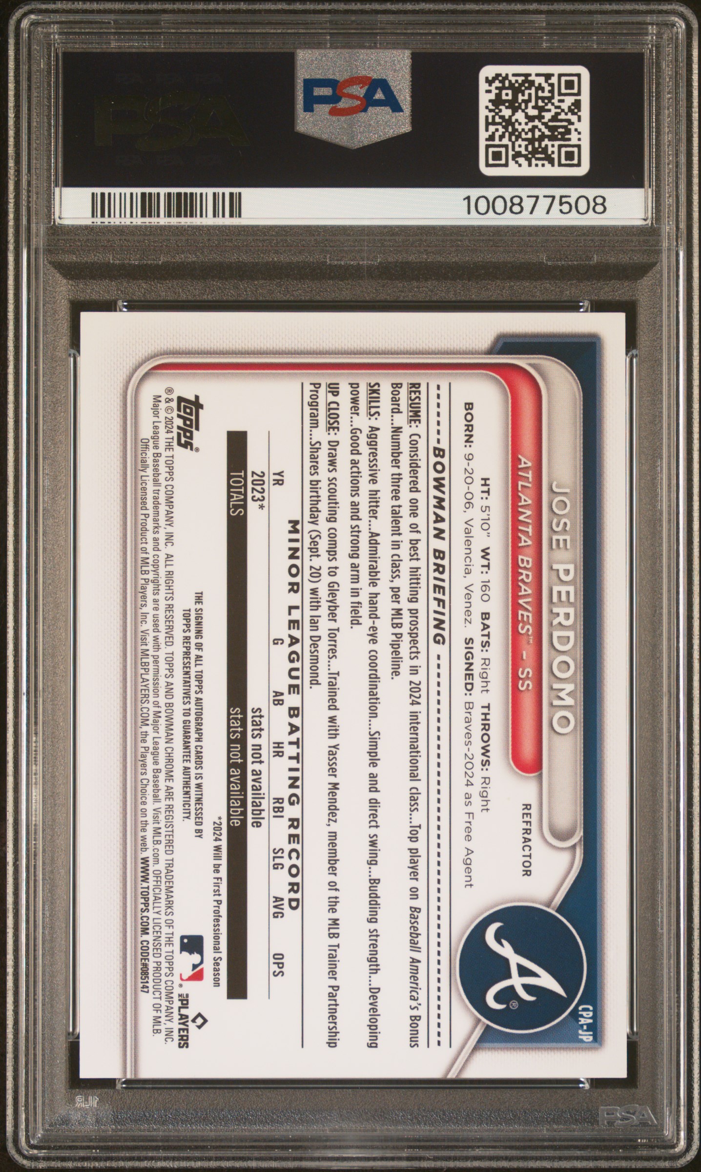 2024 Bowman Chrome Prospect Autographs Jose Perdomo #Cpajp (Prospect Auto-Refractor) Gem Mt 10 back