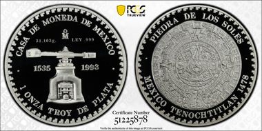 1993-Mo Onza Aztec Sun Stone .999 Ag Small Weight/Fineness PR70DCAM