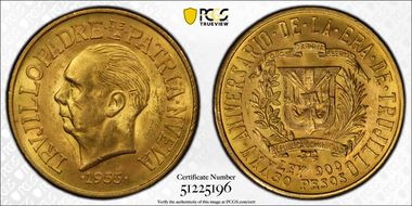 1955 30 Peso Trujillo Regime KM-24  Au MS63