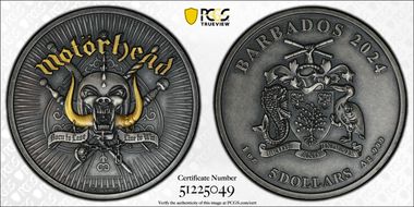2024 $5 Motörhead - Selective Gilt 1oz Ag, Antique Finish SP67