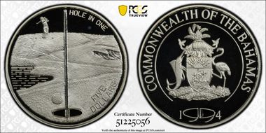 1994 $5 Hole in One KM-155  Ag PR69DCAM