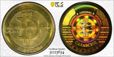 2011 1 BTC Casascius Bitcoin, Brass MS65