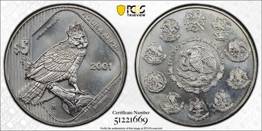2001-Mo 5 Peso Crowned Harpy Eagle KM-653 MS65