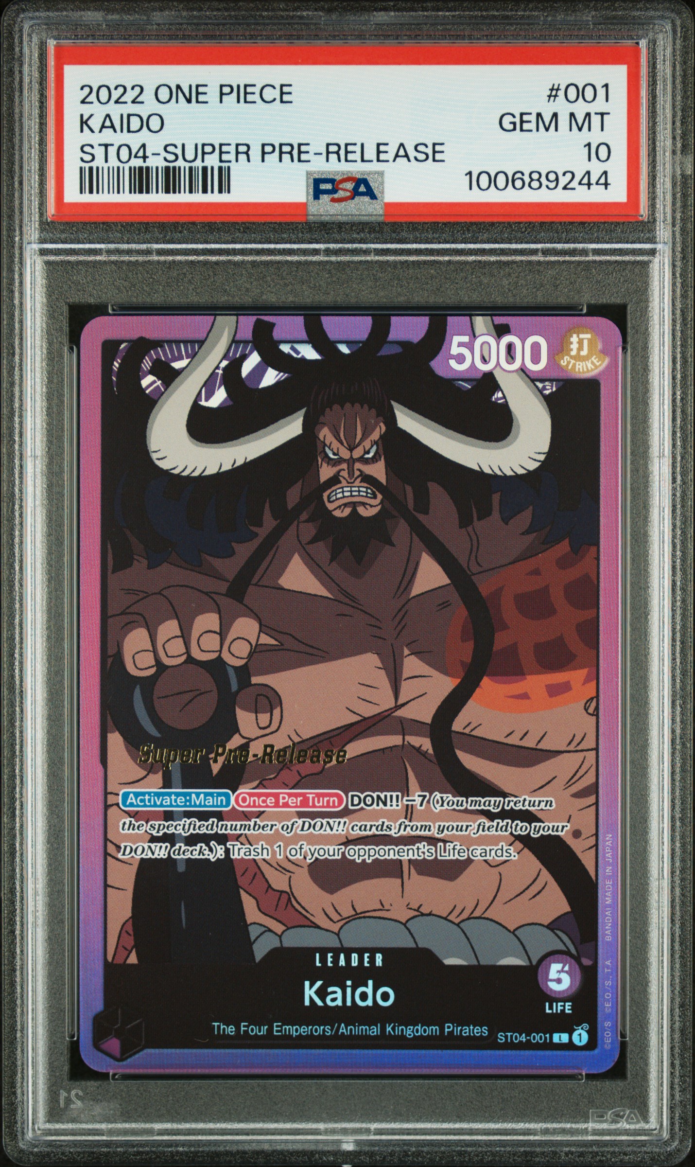 2022 One Piece Starter Deck-Animal Kingdom Pirates Kaido #001 (St04-Super Pre-Release) Gem Mt 10 front