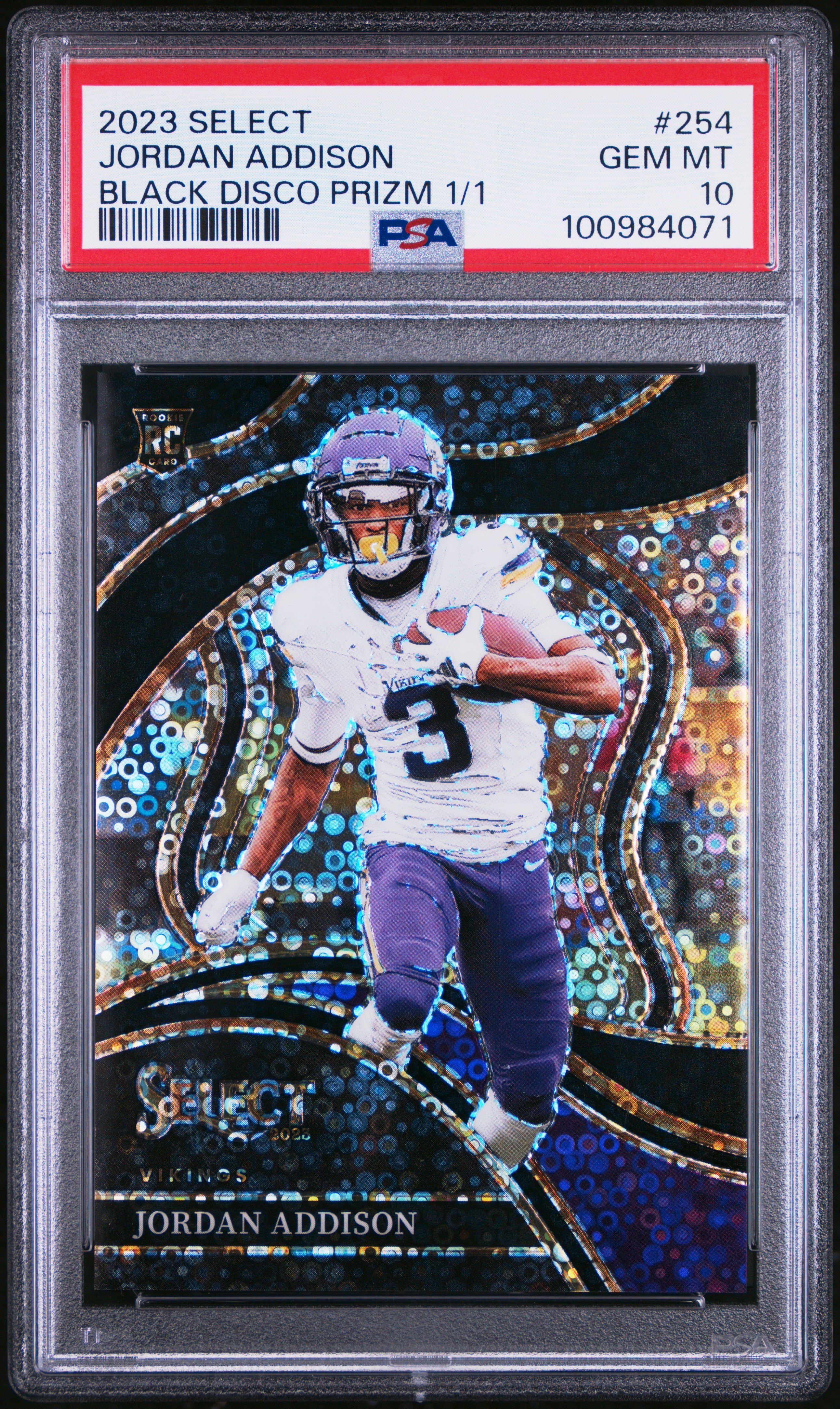 2023 Panini Select Jordan Addison #254 (Black Disco Prizm 1 / 1) Gem Mt 10 front