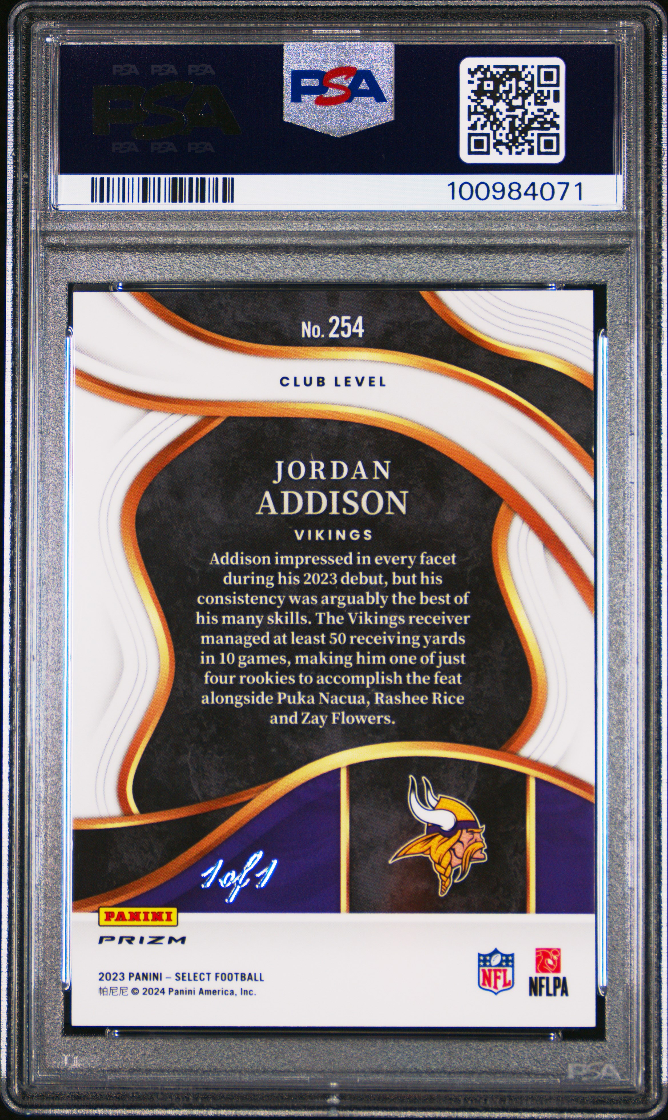2023 Panini Select Jordan Addison #254 (Black Disco Prizm 1 / 1) Gem Mt 10 back