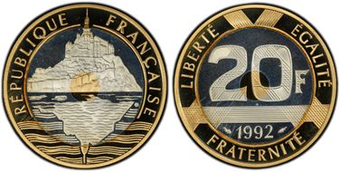 1992 20 Fr Gad-871 St. Michel Au/Ag PR67DCAM