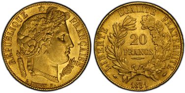 1851-A 20 Fr Gad-1059 sans point AU55