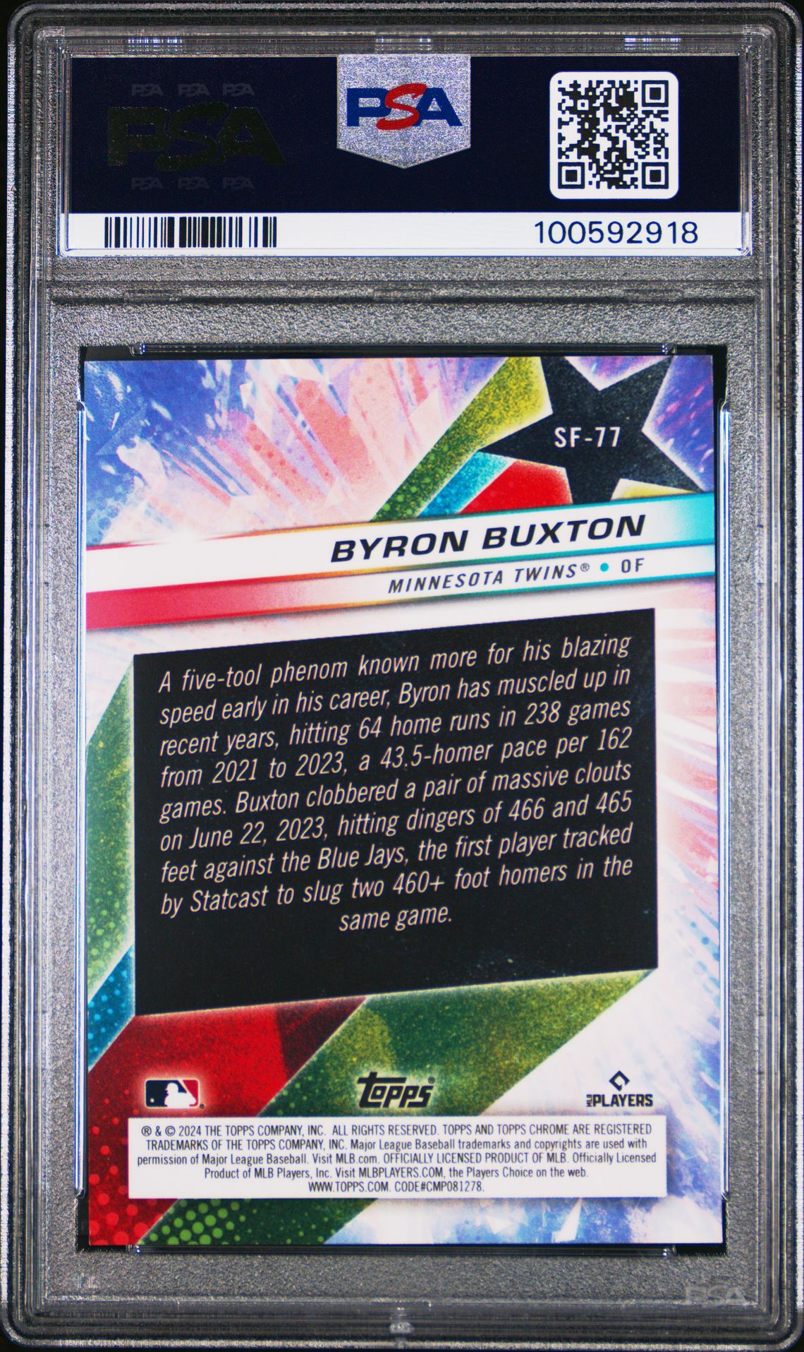 2024 Topps Chrome Cosmic Starfractor Byron Buxton #77 (Starfractor-Org Galactic) Gem Mt 10 back