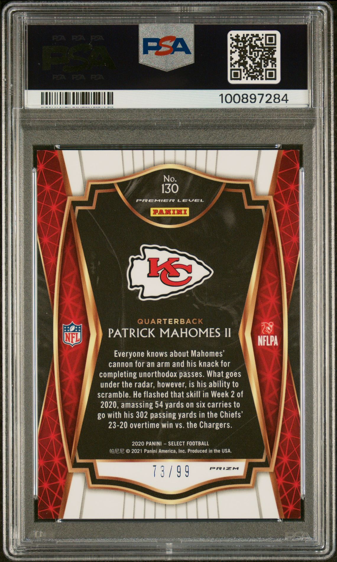 2020 Panini Select Patrick Mahomes Ii #130 (Light Blue Prizm) Mint 9 back