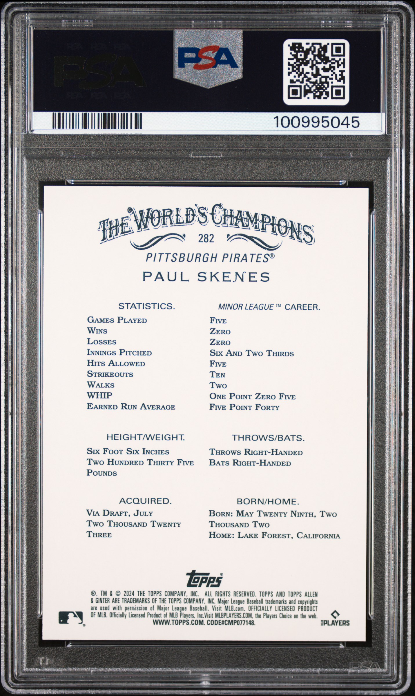 2024 Topps Allen & Ginter Paul Skenes #282 (Silver Portrait Hot Box) Mint 9 back