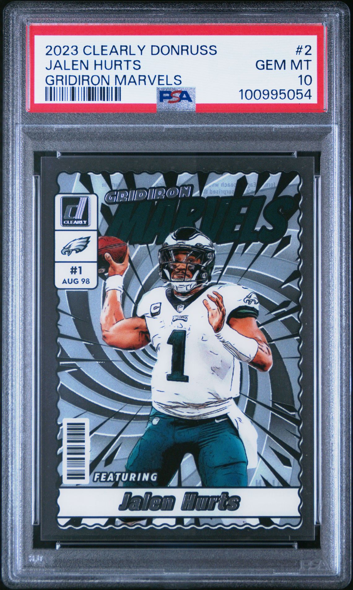 2023 Panini Clearly Donruss Gridiron Marvels Jalen Hurts #2 Gem Mt 10 front view - PSA graded GEM MT 10