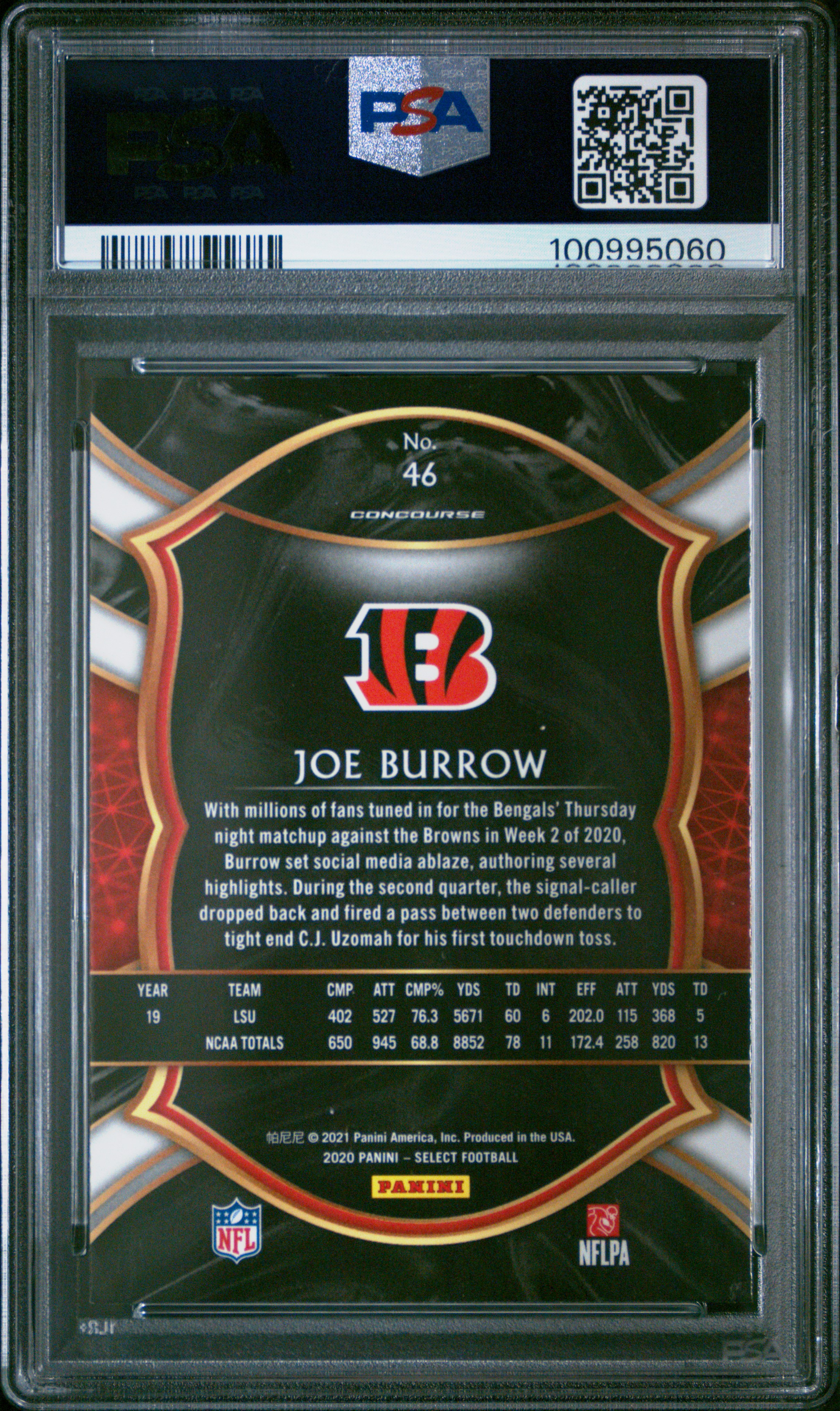 2020 Panini Select Joe Burrow #46 Gem Mt 10 back