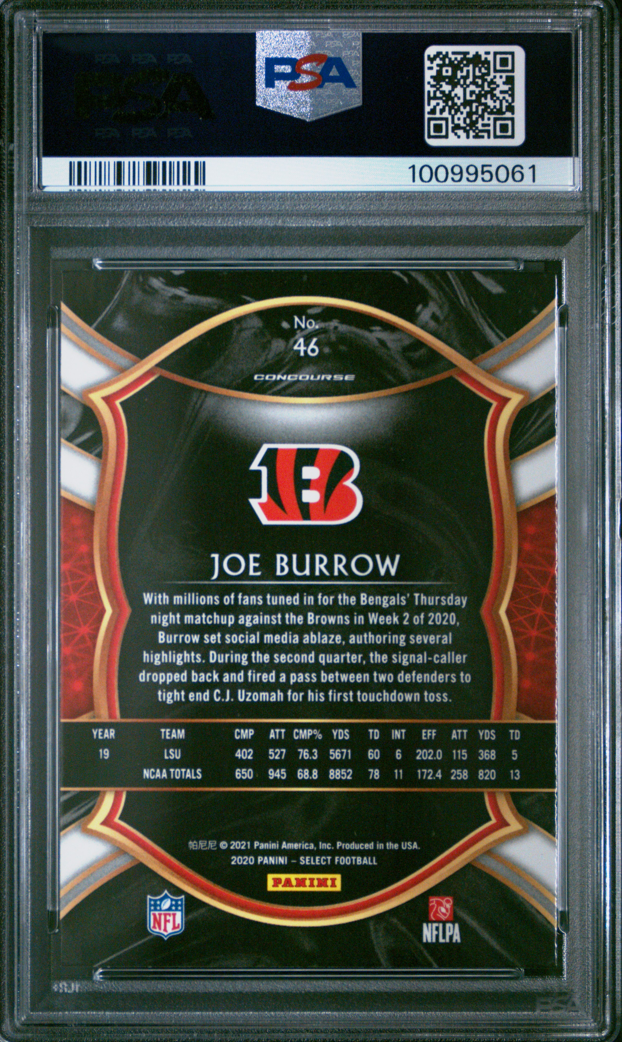 2020 Panini Select Joe Burrow #46 Gem Mt 10 back