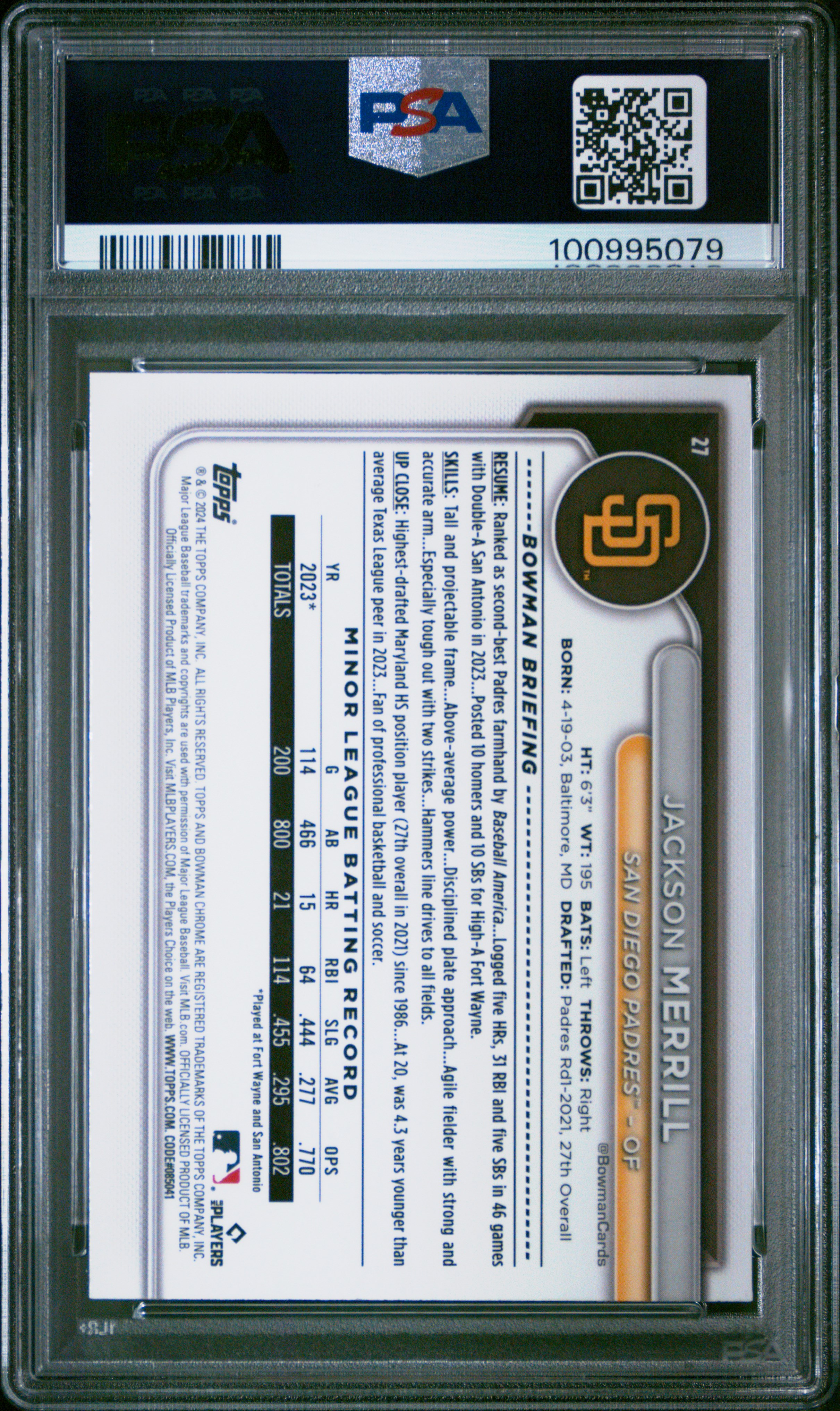 2024 Bowman Chrome Jackson Merrill #27 (Aqua Raywave) Mint 9 back