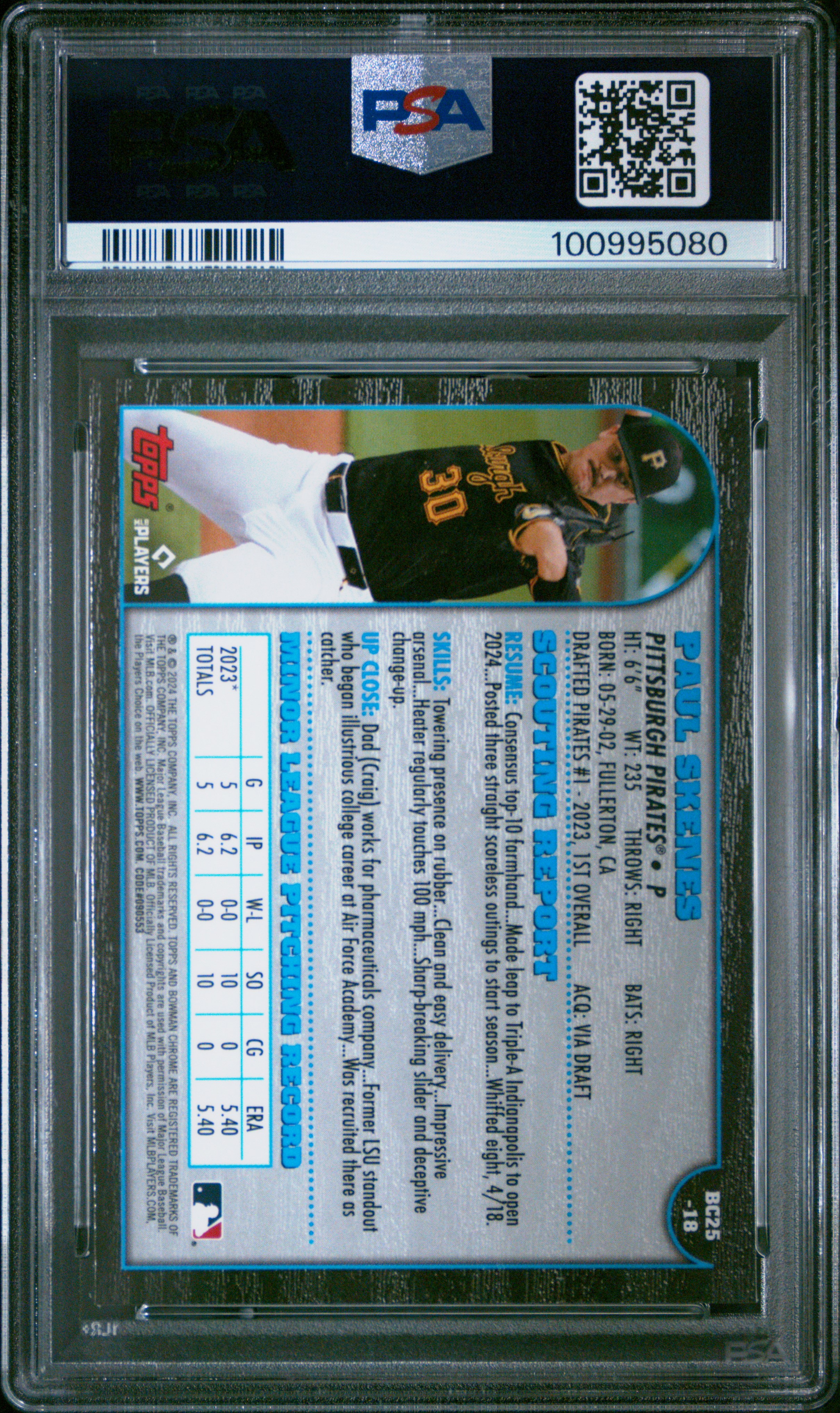 2024 Bowman Chrome 1999 Bowman Chrome 25Th Anniversary Paul Skenes #18 Gem Mt 10 back