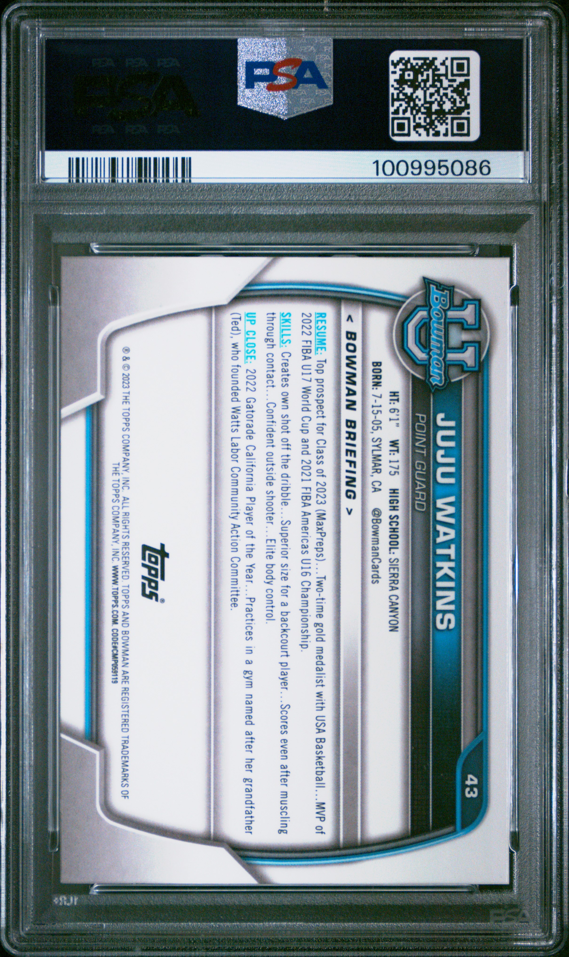 2022 Bowman Chrome University Juju Watkins #43 Gem Mt 10 back