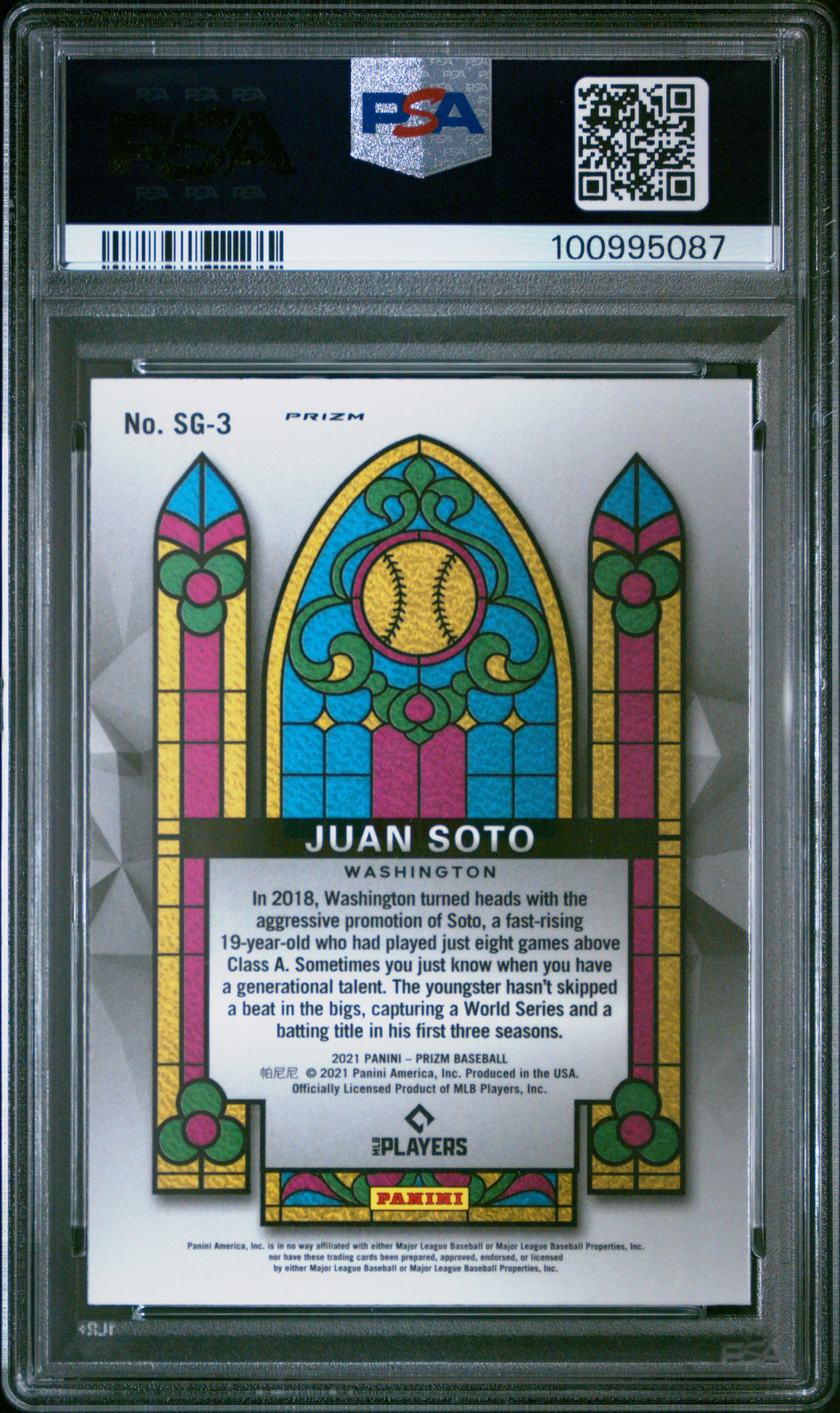 2021 Panini Prizm Stained Glass Juan Soto #Sg-3 (St.gl-Nv.bl/Crln.bl.prizm) Gem Mt 10 back