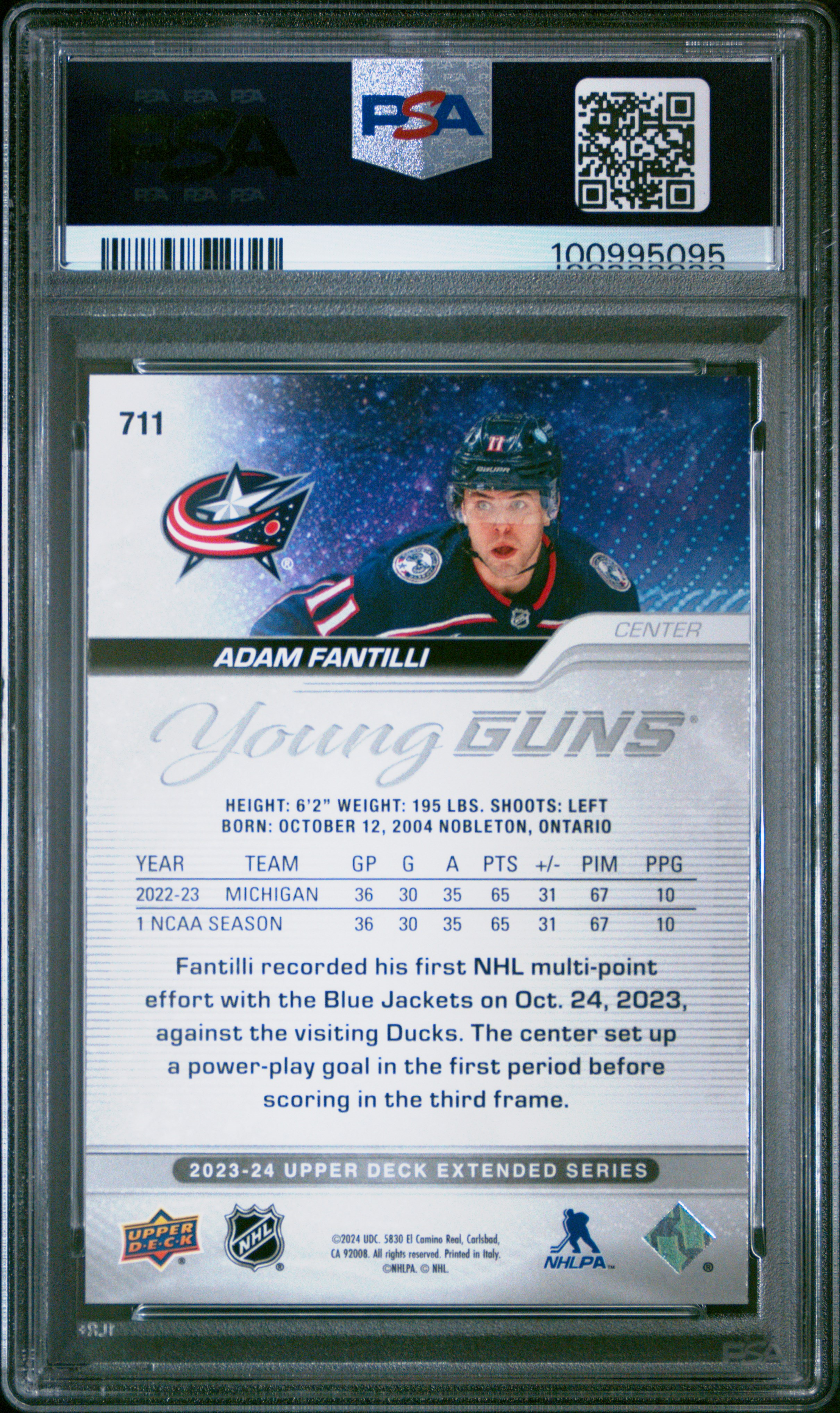 2023 Upper Deck Adam Fantilli #711 Gem Mt 10 back