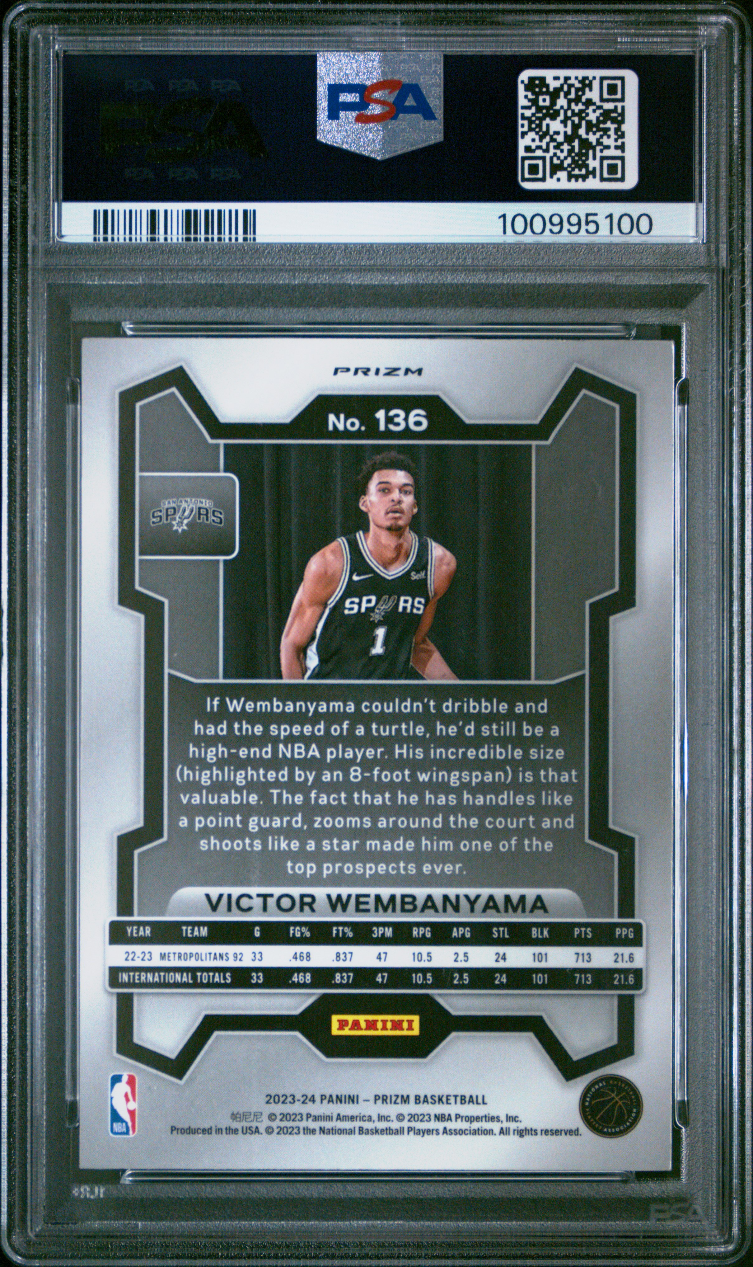 2023 Panini Prizm Victor Wembanyama #136 (Pink Ice) Gem Mt 10 back