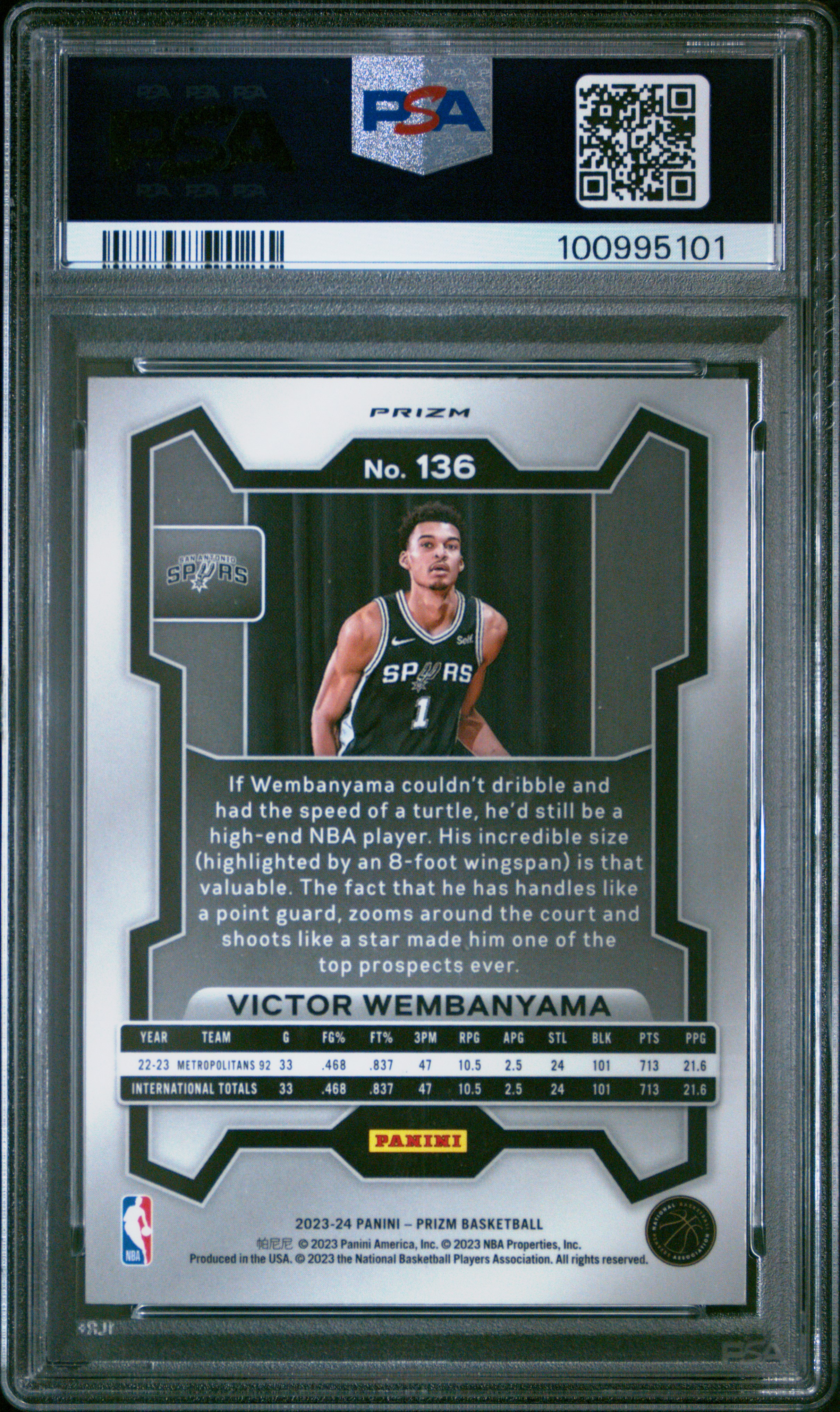 2023 Panini Prizm Victor Wembanyama #136 (Red White Blue) Gem Mt 10 back