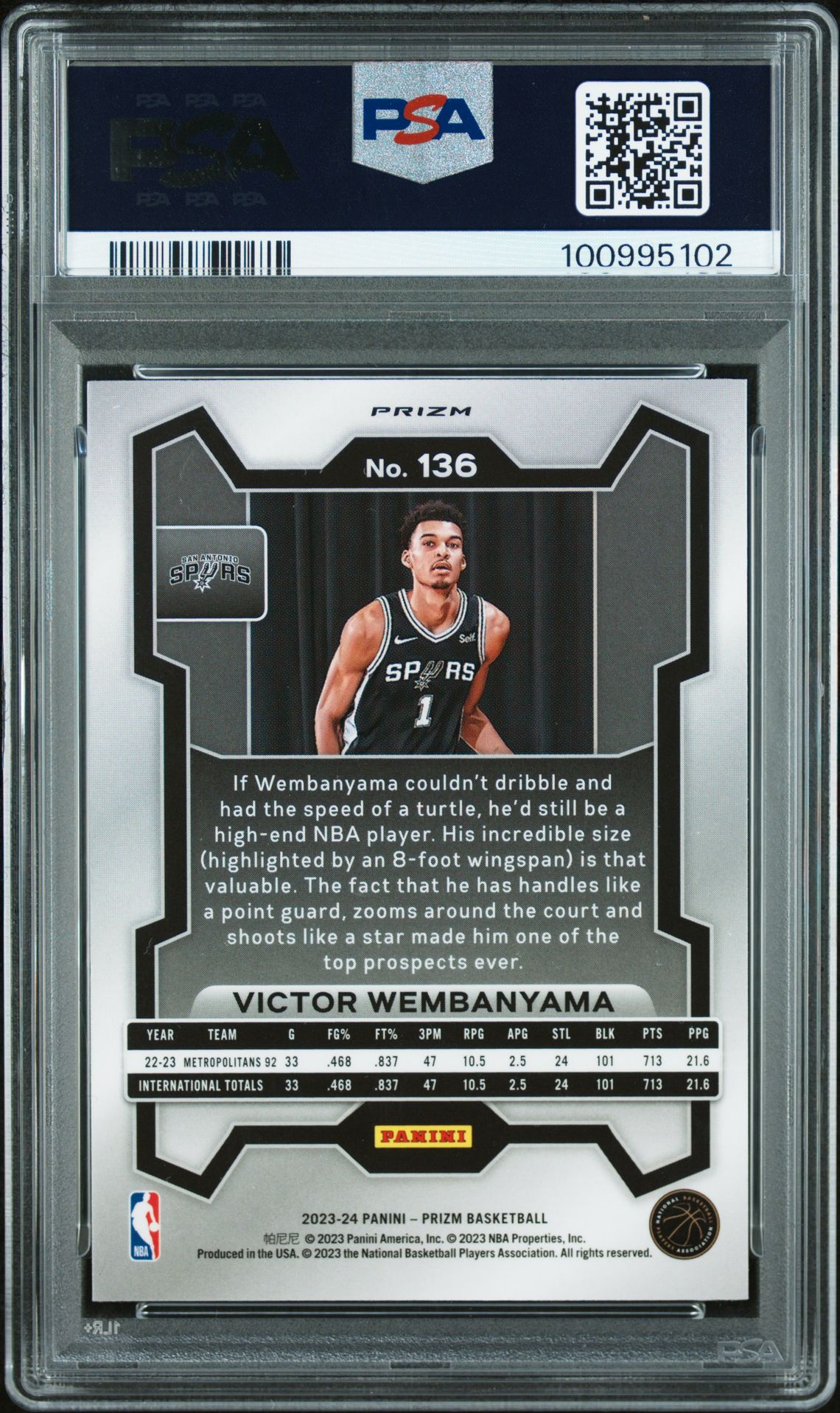 2023 Panini Prizm Victor Wembanyama #136 (Red White Blue) Mint 9 back