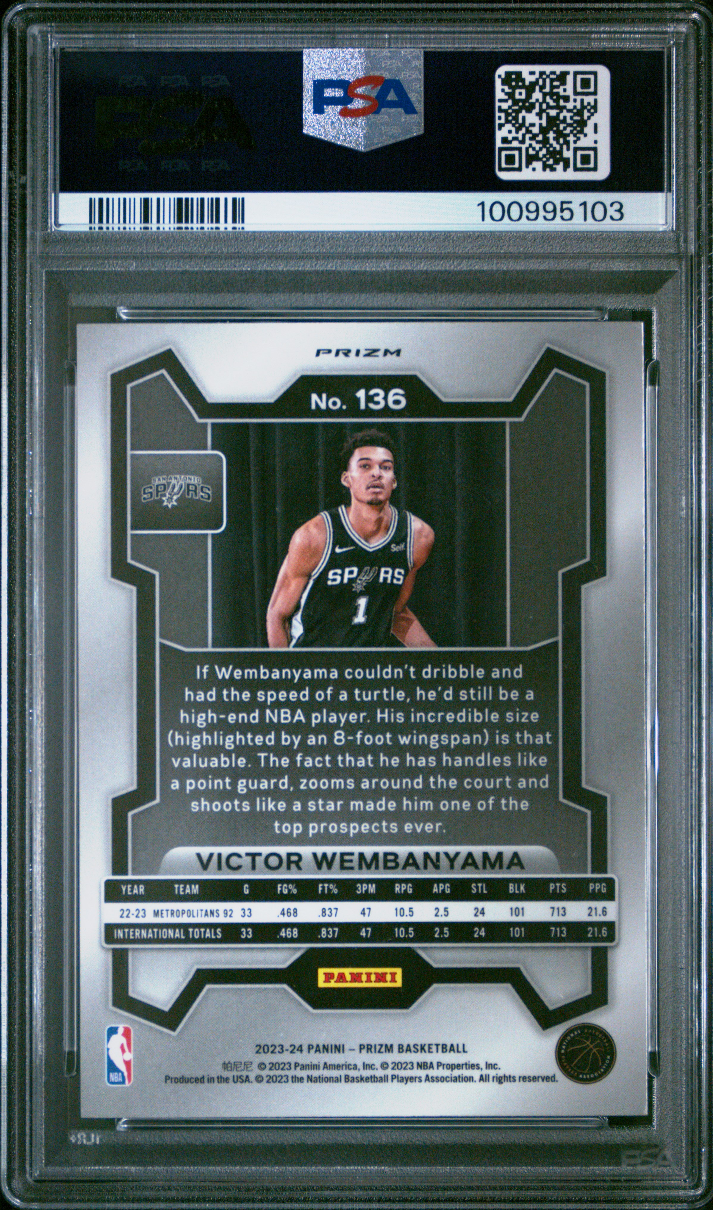 2023 Panini Prizm Victor Wembanyama #136 (Green Prizm) Gem Mt 10 back