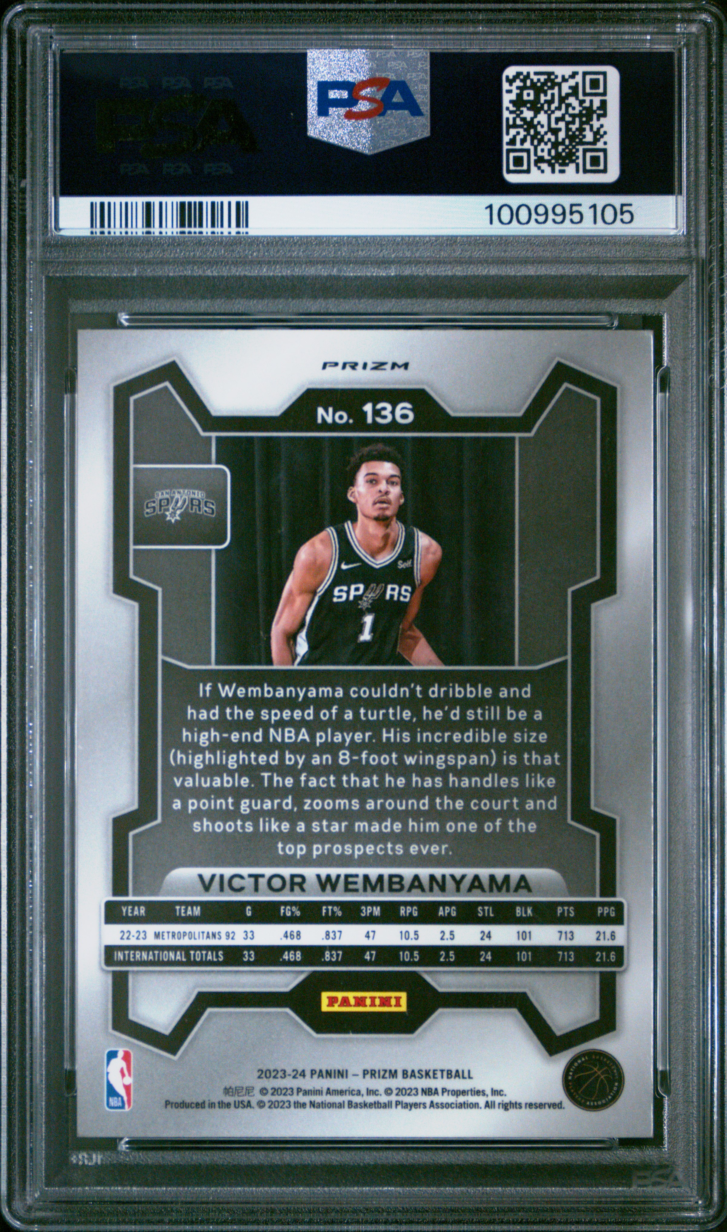 2023 Panini Prizm Victor Wembanyama #136 (Green Prizm) Gem Mt 10 back