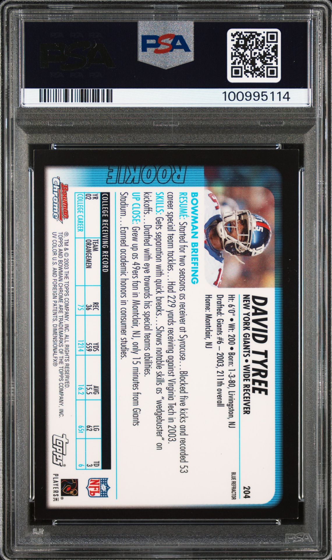 2003 Bowman Chrome David Tyree #204 (Blue Refractor) Mint 9 back