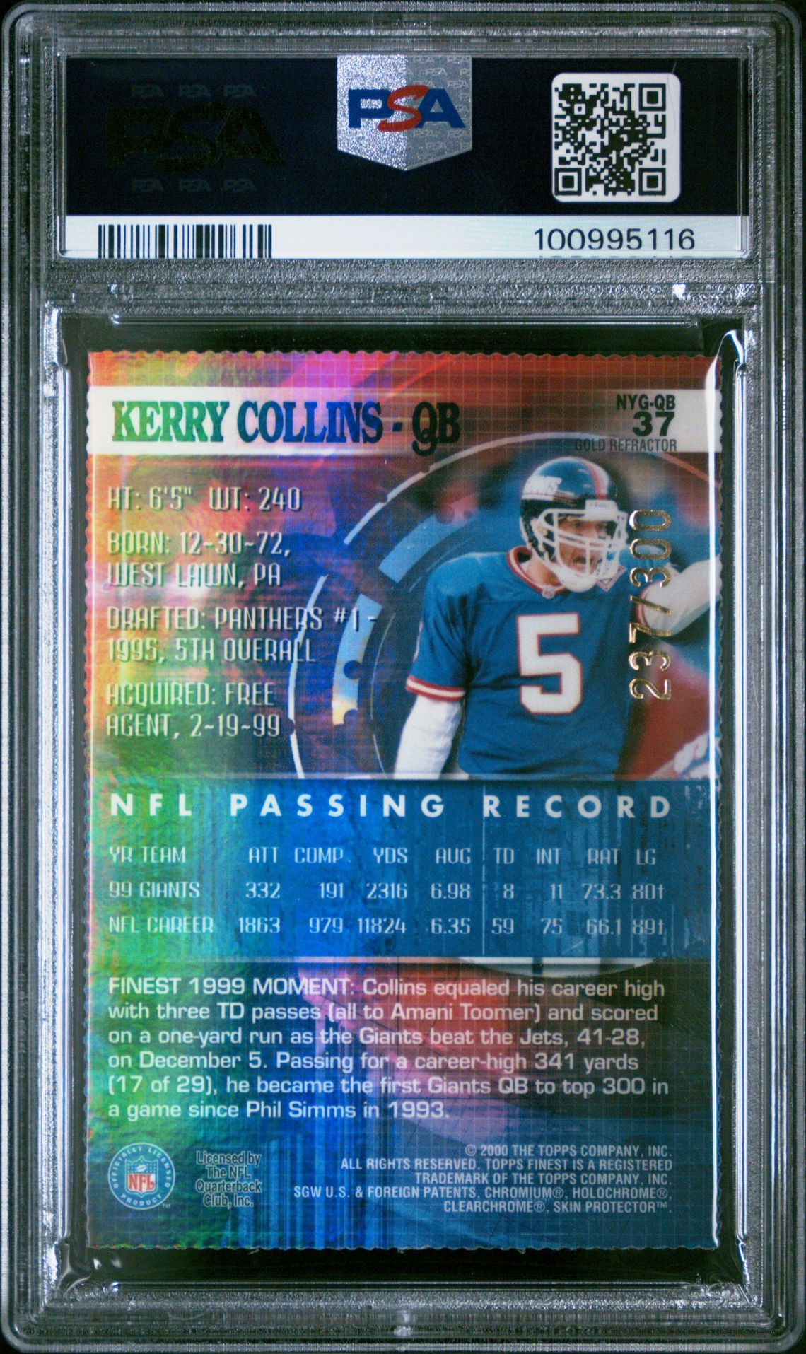2000 Finest Kerry Collins #37 (Gold Refractor) Mint 9 back