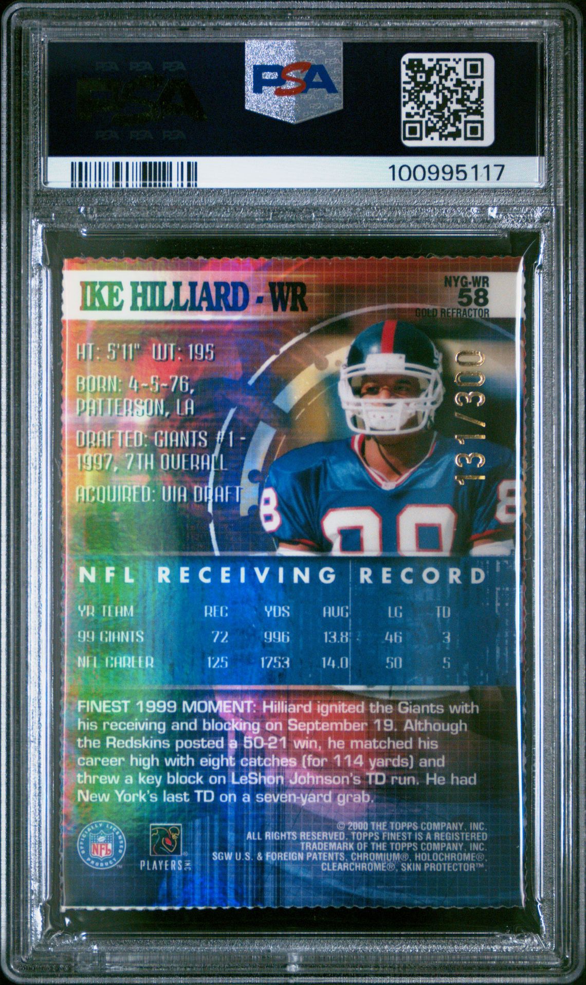2000 Finest Ike Hilliard #58 (Gold Refractor) Gem Mt 10 back