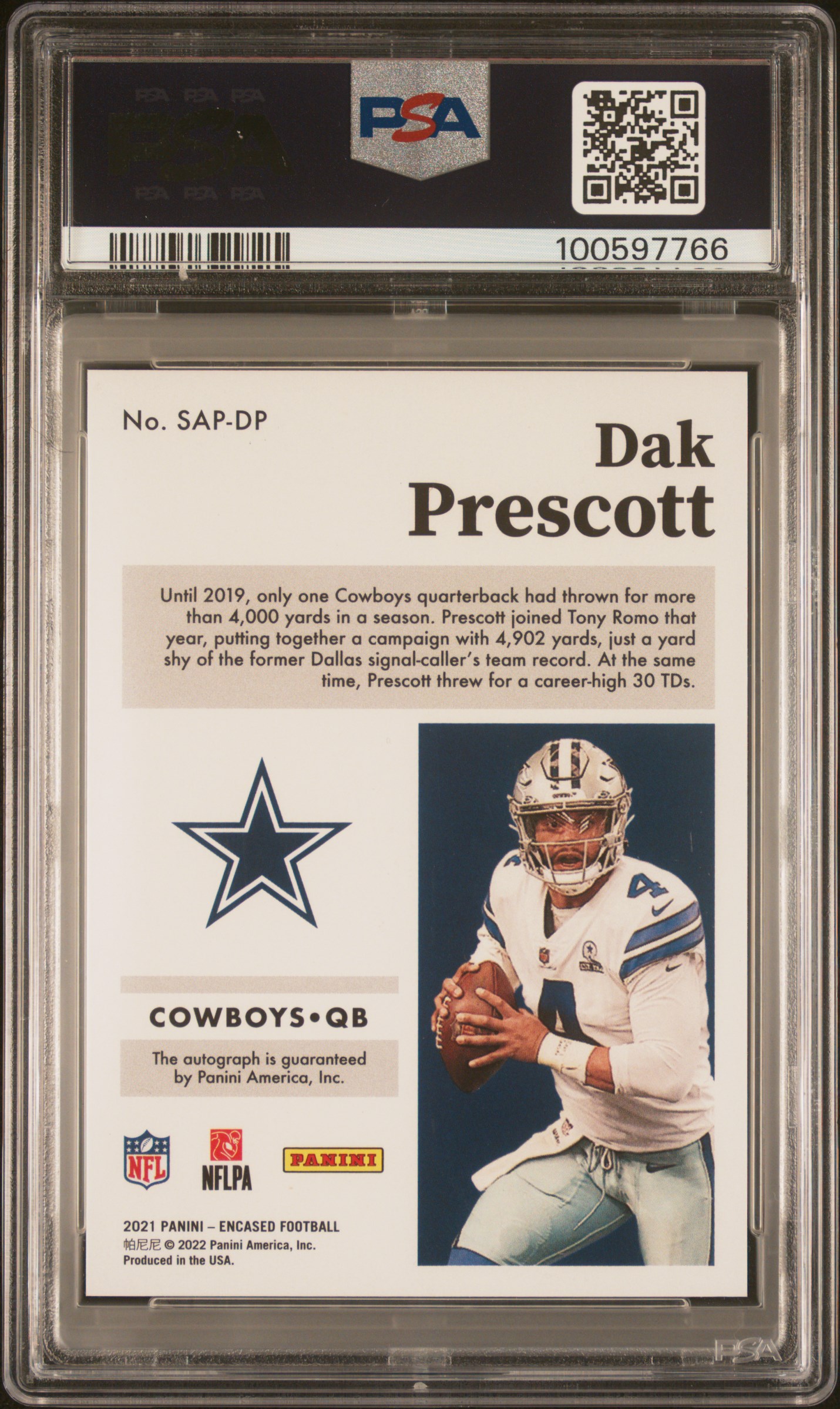 2021 Panini Encased Sapphire Signatures Dak Prescott #Sapdp (Sapphire Signature) Mint 9 back