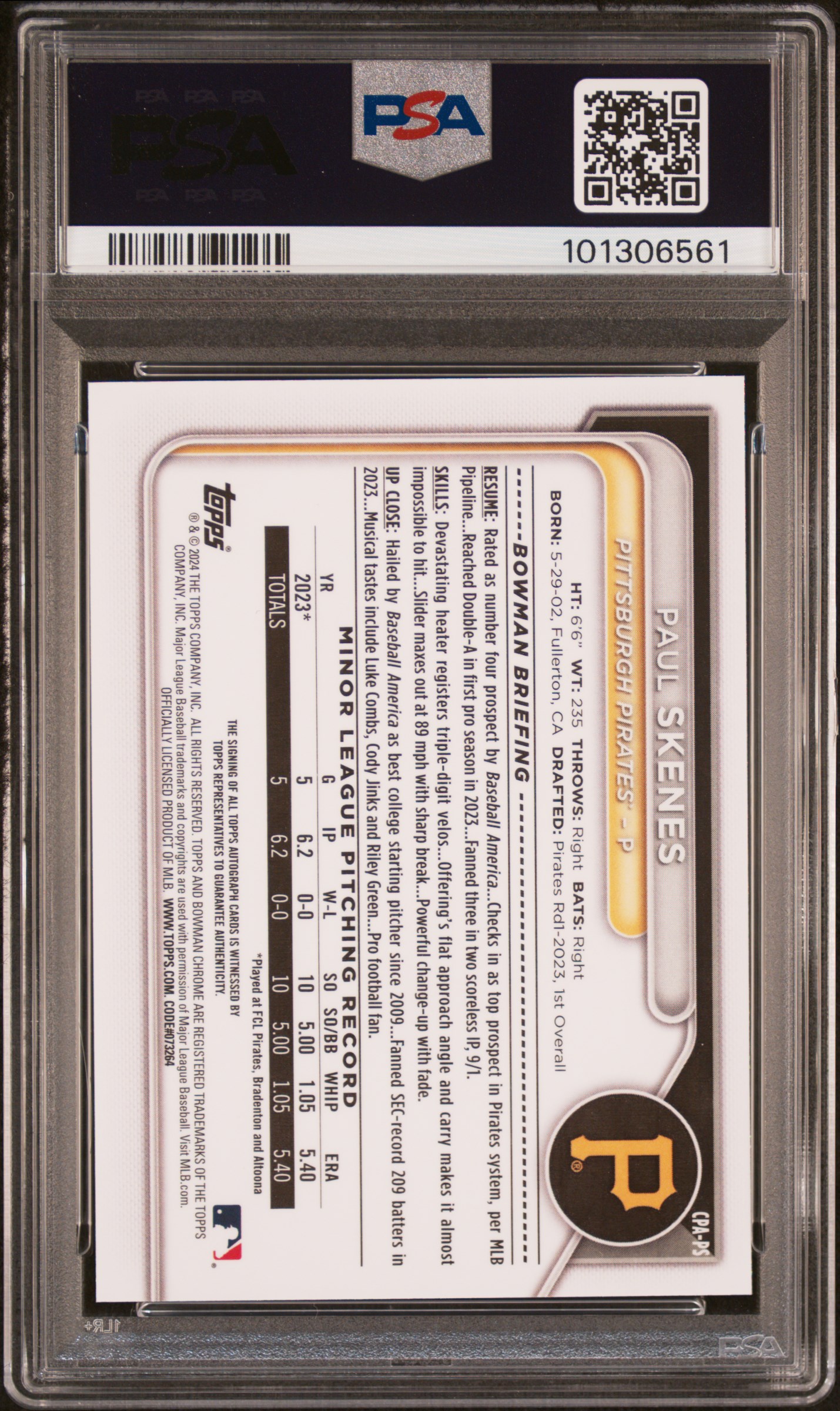 2024 Bowman Chrome Prospect Autographs Paul Skenes #Cpaps (Chr Prspct Au-Hta Choice Ref) Gem Mt 10 back