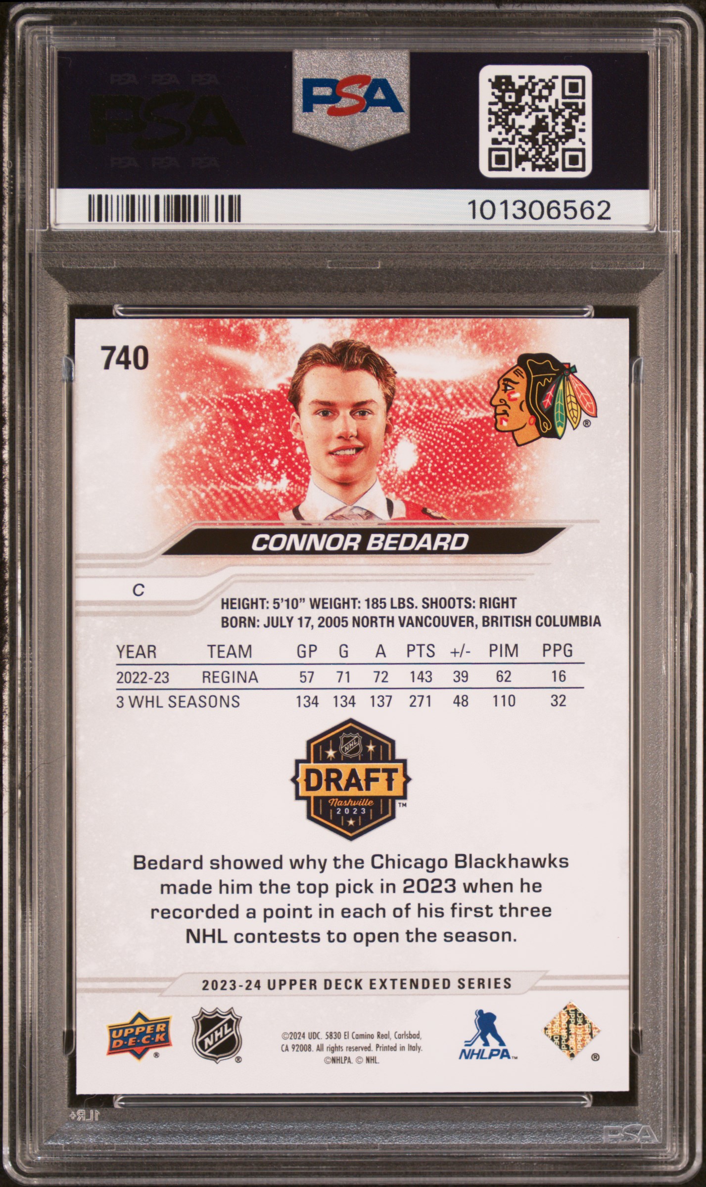 2023 Upper Deck Connor Bedard #740 (Outburst) Mint 9 back