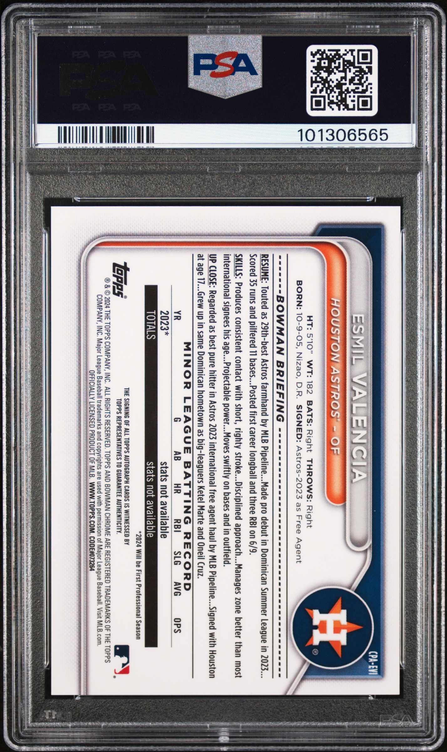 2024 Bowman Chrome Prospect Autographs Esmil Valencia #Cpaevi (Chr Prspct Au-Hta Org Wave) Gem Mt 10 back