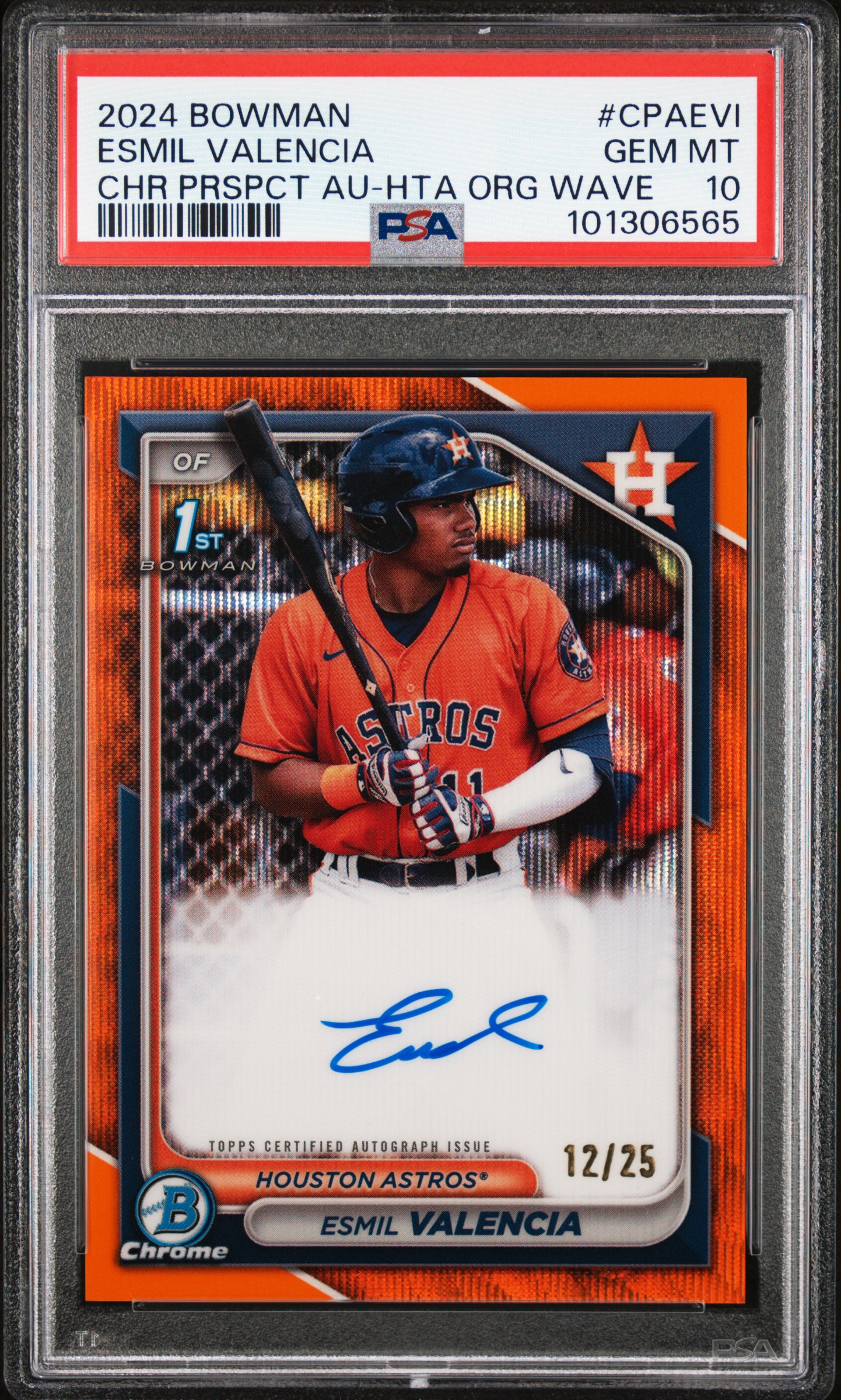 2024 Bowman Chrome Prospect Autographs Esmil Valencia #Cpaevi (Chr Prspct Au-Hta Org Wave) Gem Mt 10 front
