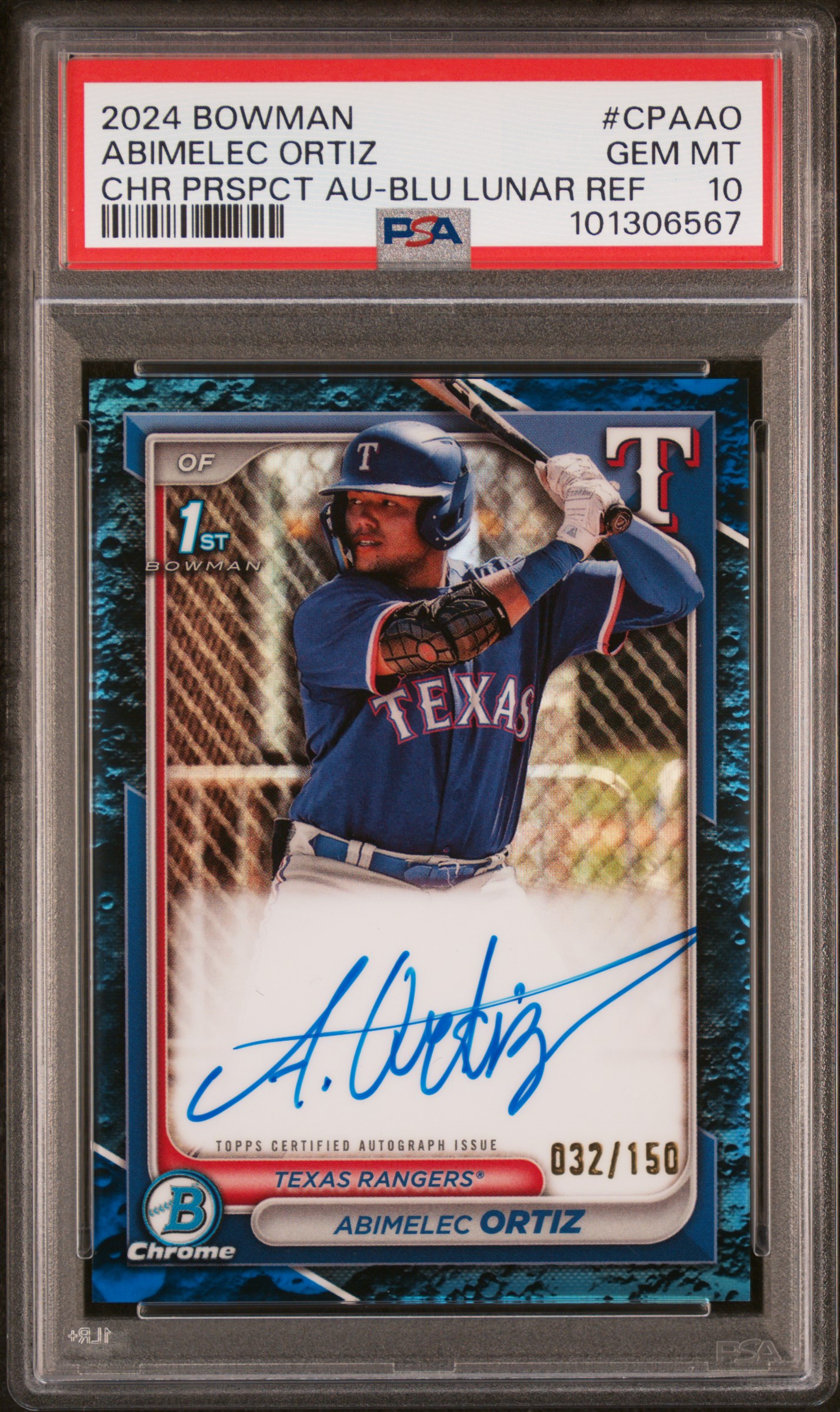 2024 Bowman Chrome Prospect Autographs Abimelec Ortiz #Cpaao (Chr Prspct Au-Blu Lunar Ref) Gem Mt 10 front