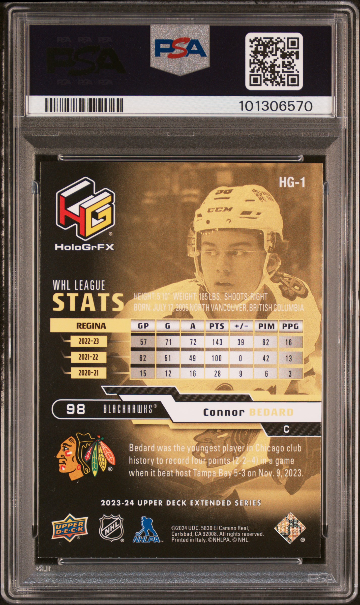 2023 Upper Deck Extended Series Hologrfx Rookies Connor Bedard #Hg1 (Hologrfx Rookies-Gold) Mint 9 back
