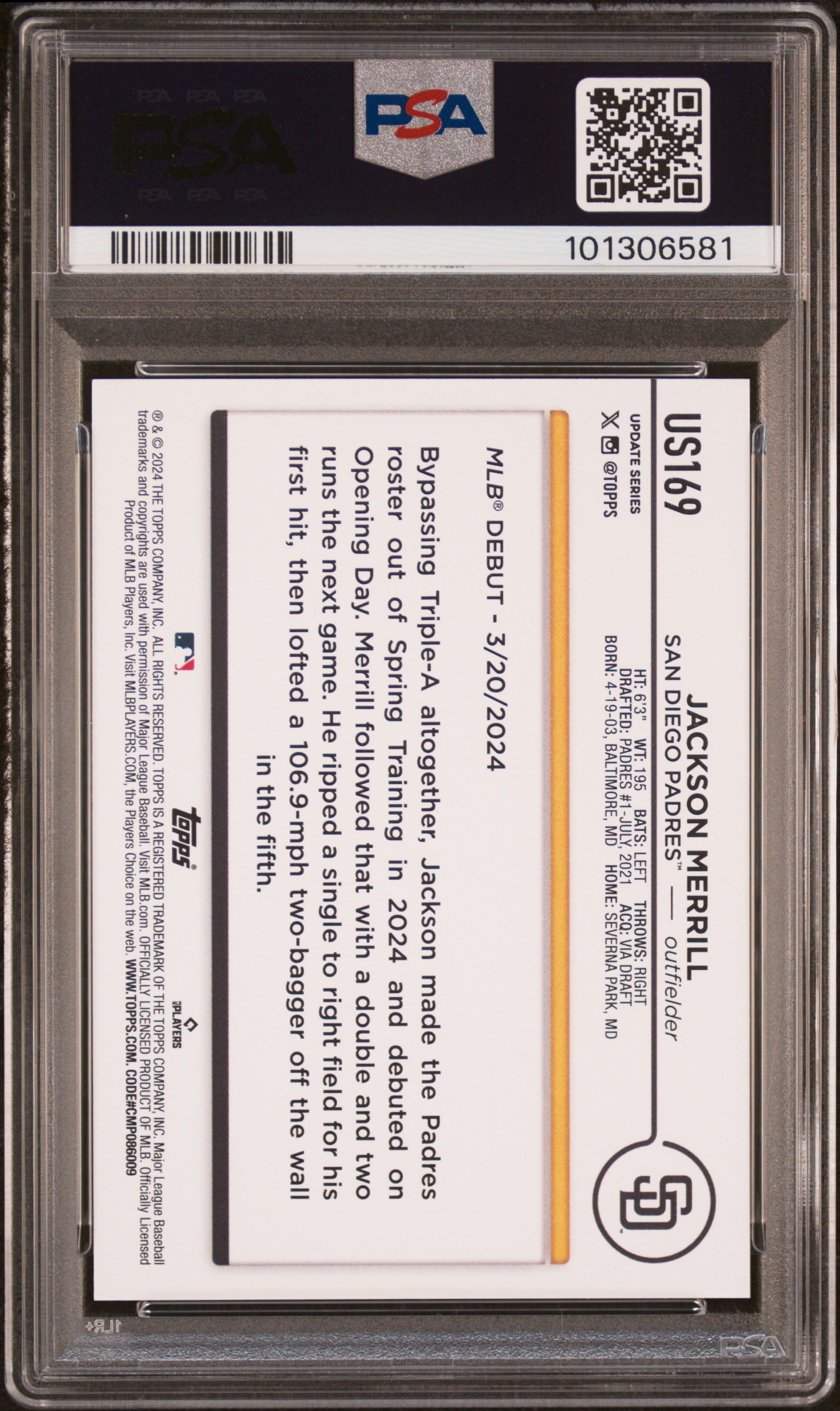 2024 Topps Update Jackson Merrill #Us169 (Aqua) Gem Mt 10 back