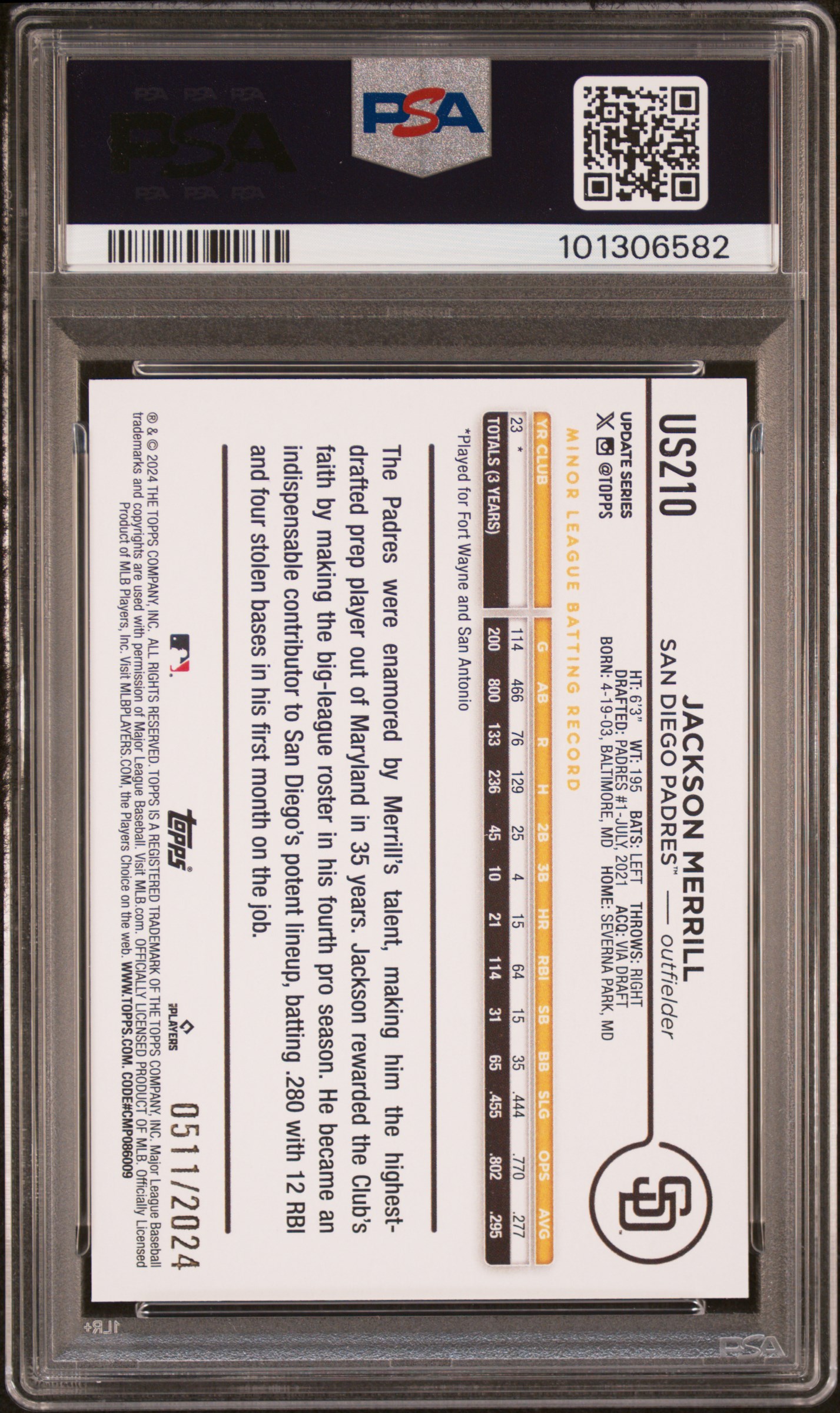 2024 Topps Update Jackson Merrill #Us210 (Gold) Mint 9 back