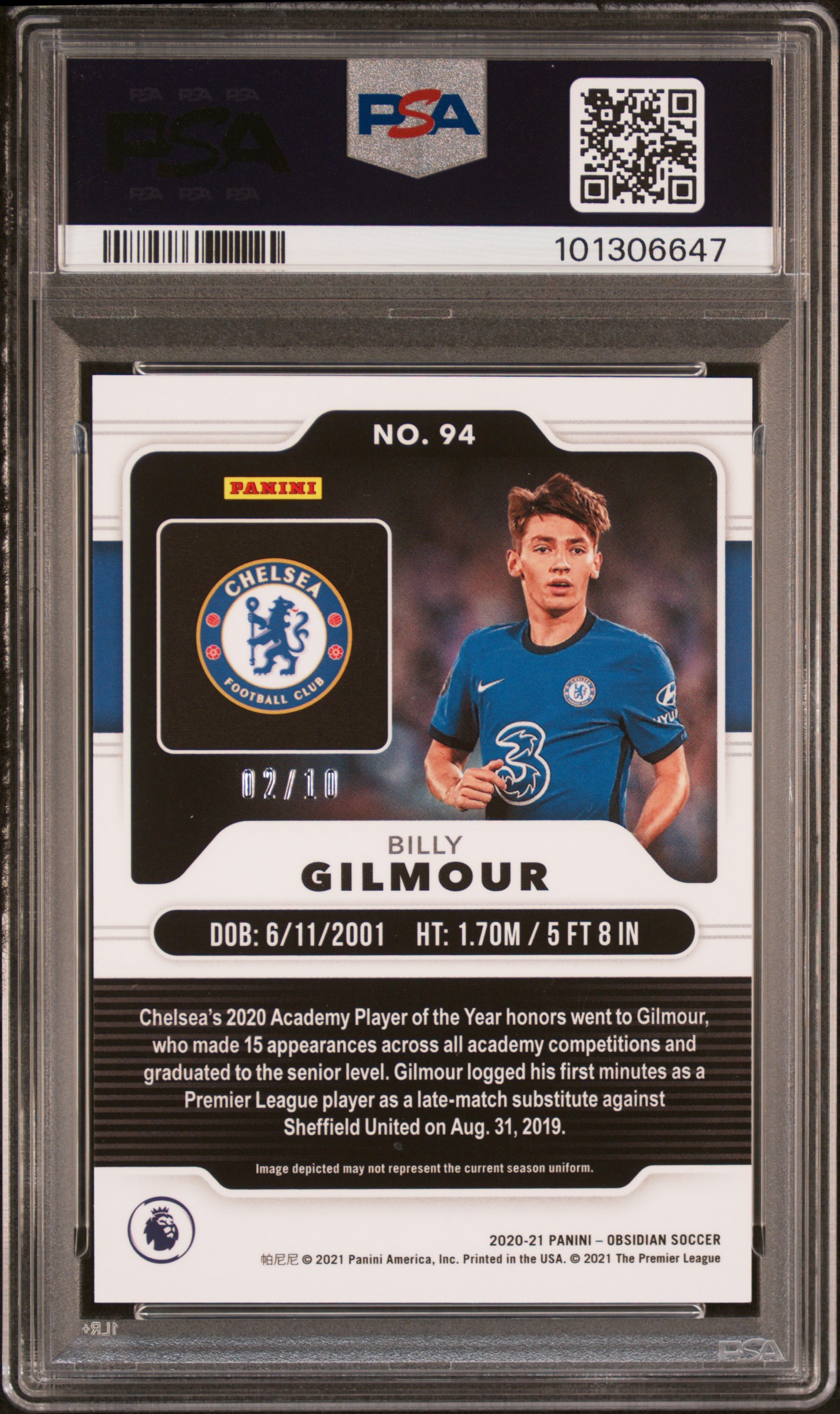 2020 Panini Obsidian Billy Gilmour #94 (Electric Etch Yellow) Mint 9 back
